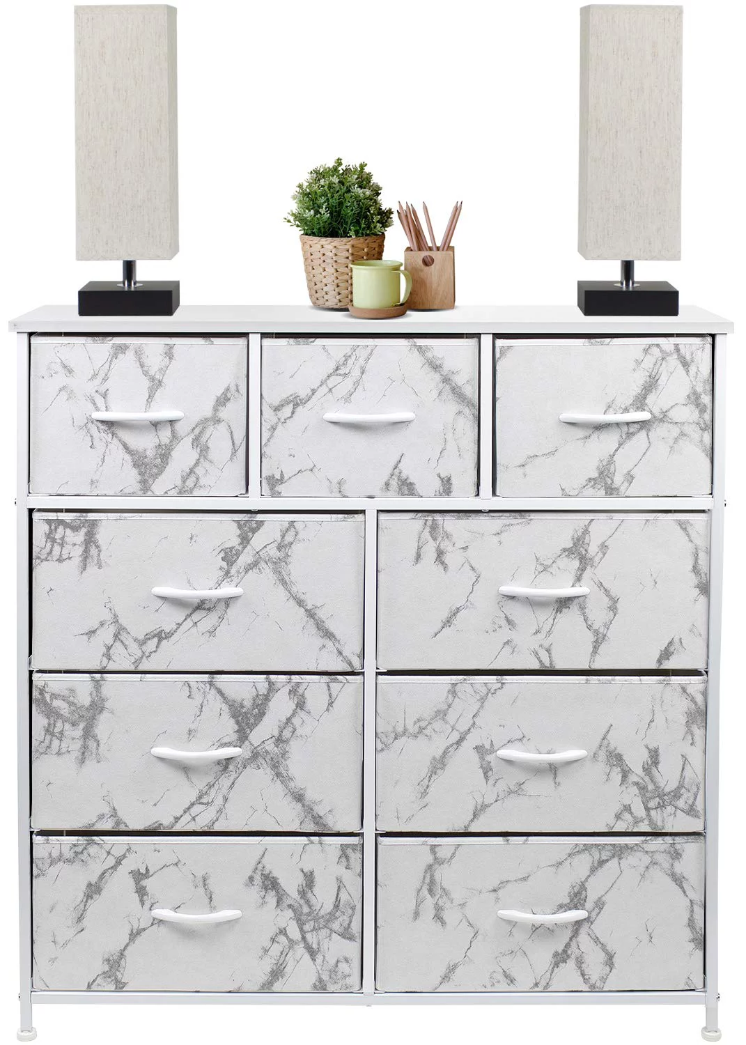 Sorbus Dresser with 9 Drawers- White Frame, White Marble Drawers