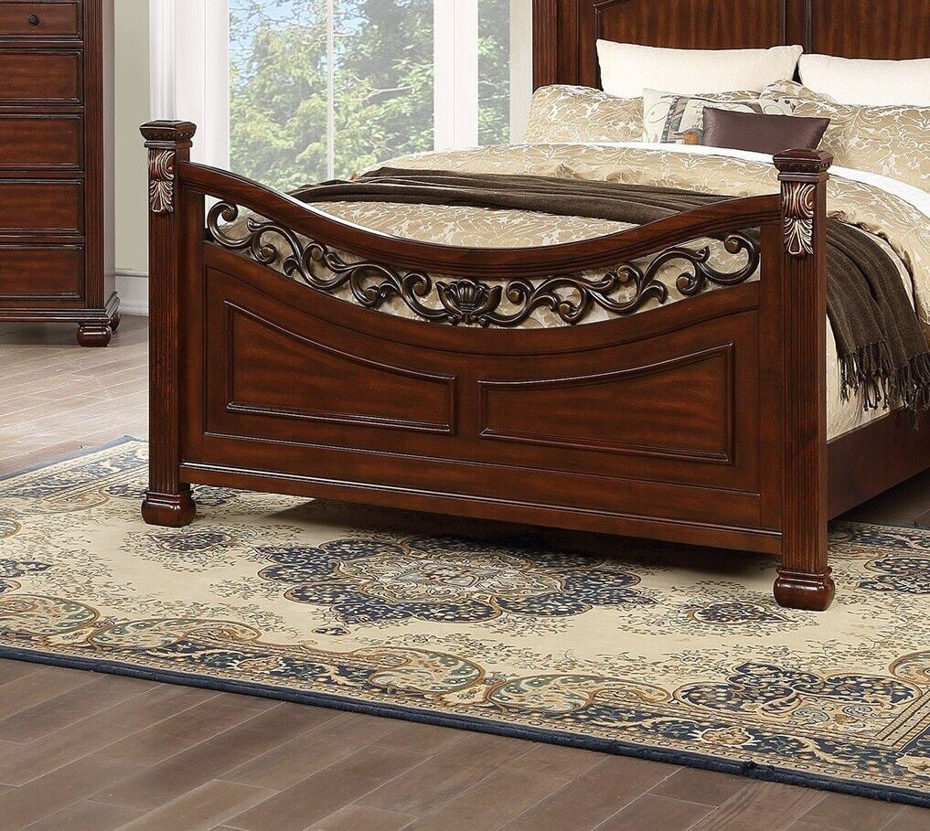 Traditional 1pc Bed Gorgeous Classic Brown Finish Cal King Size Bed Floral Design Headboard Footboard Bedroom Furniture