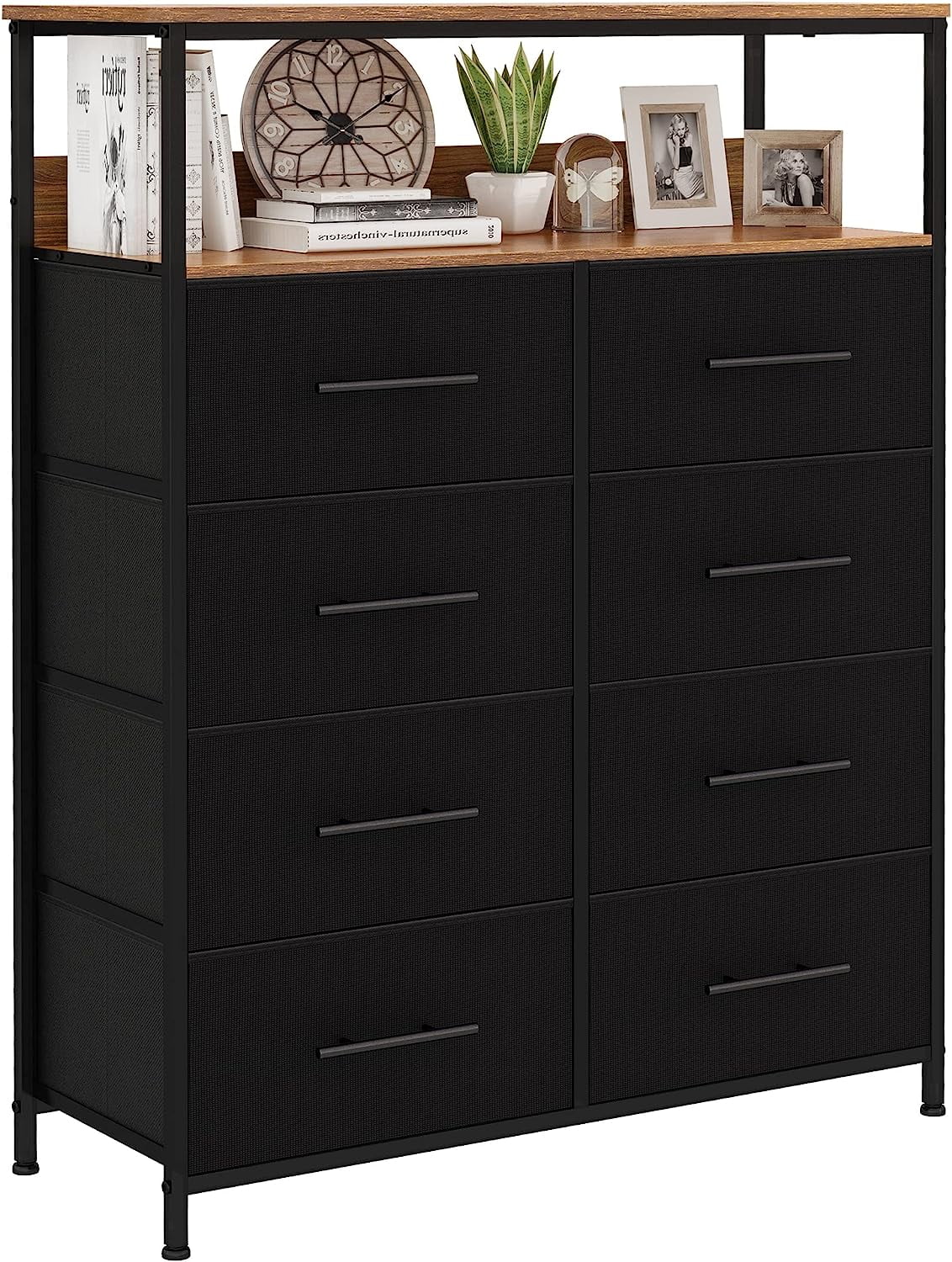 WARM&LOVE 8 Drawer Dresser with Shelves  Chest of Drawers for Bedroom with Wood Top  Black Dresser Storage Organizer Unit with Fabric Bins for Closet/Living Room/Hallway/Nursery
