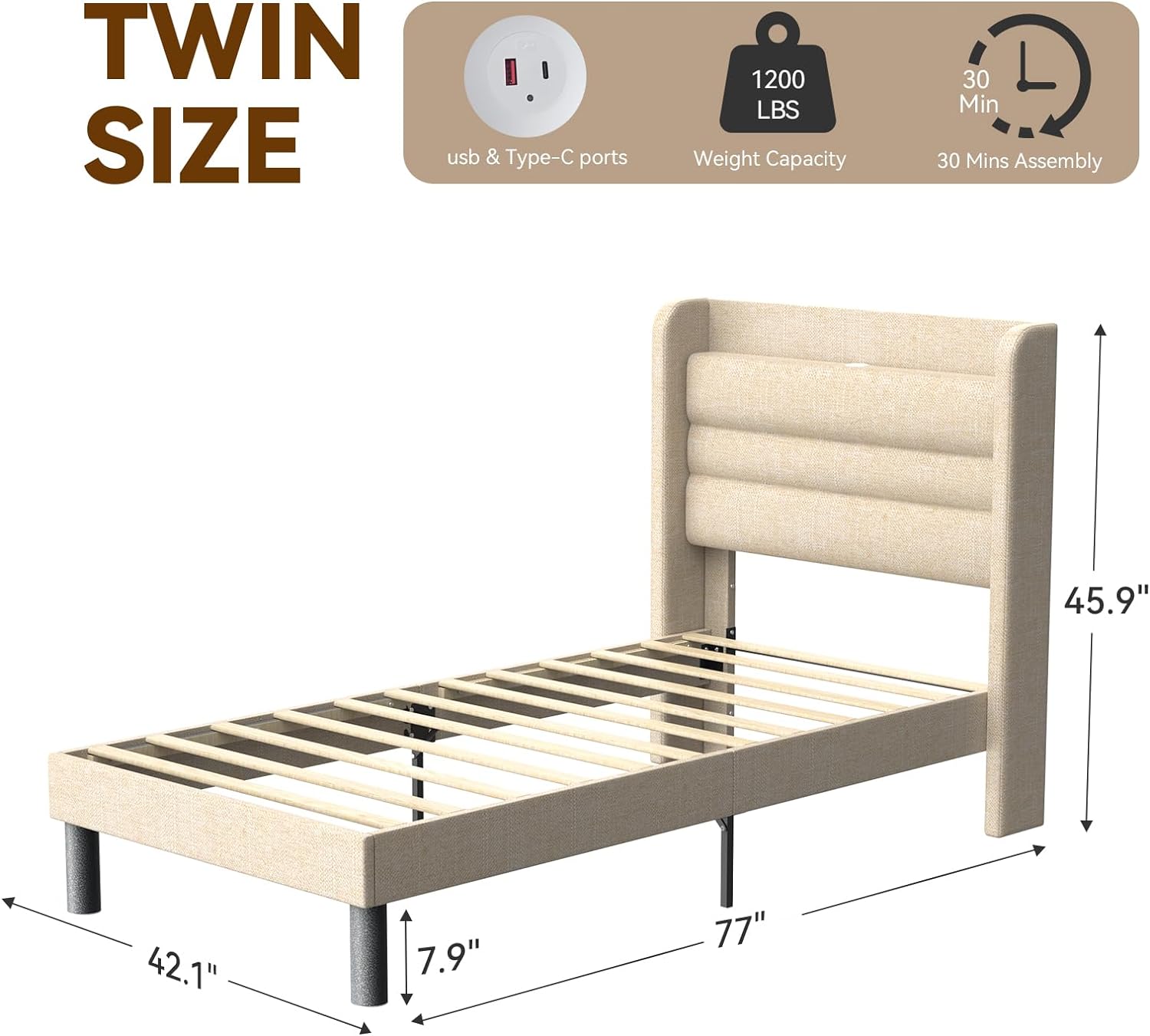 Flolinda Twin Bed Frame with Charging Station Type-C & USB Ports Linen Upholstered Tufted Wingback Headboard, No Box Spring Needed Beige