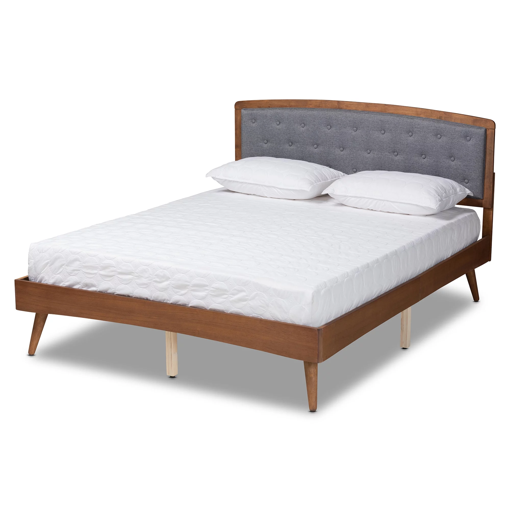 Baxton Studio Ratana Mid-Century Modern Transitional Grey Fabric Upholstered and Walnut Brown Finished Wood, Full Size Platform Bed