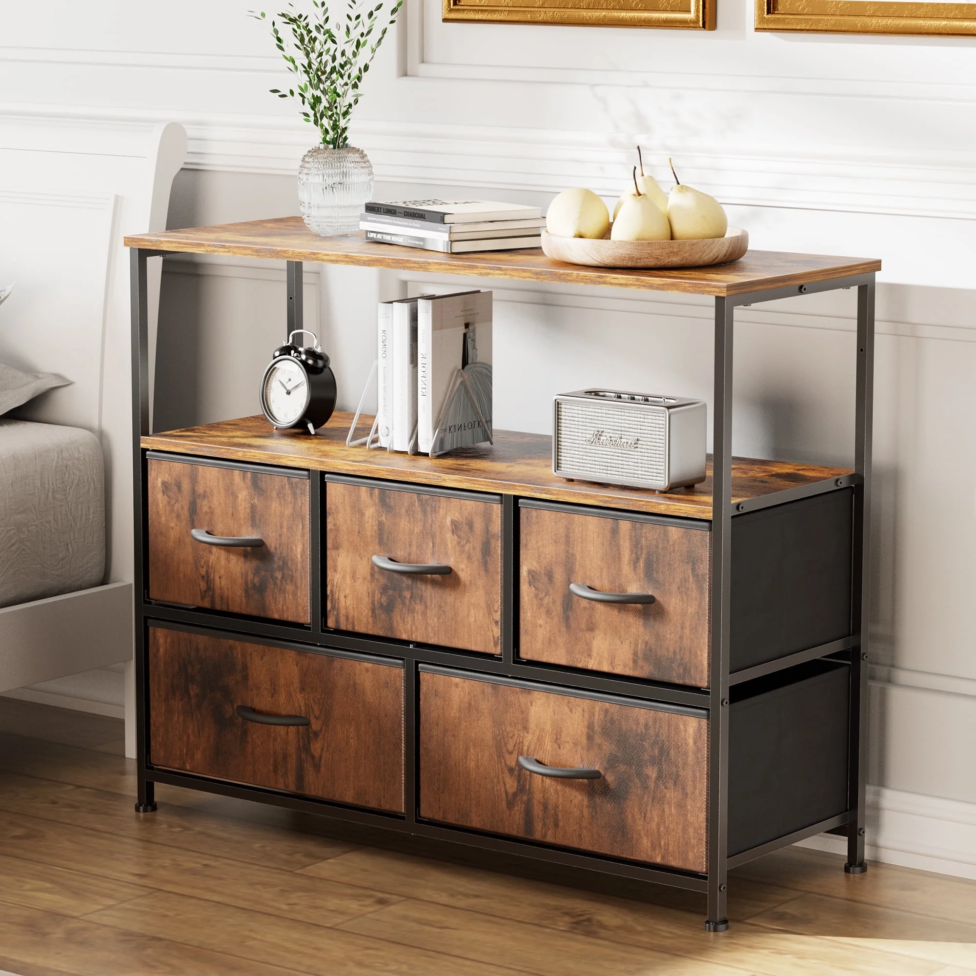 BISHE 5-Drawer Dresser TV Stand, Multi-Purpose Dresser with Open Shelves & Steel Frame for Bedroom, Living Room, Closet - Fits TV up to 45 Inches, Brown