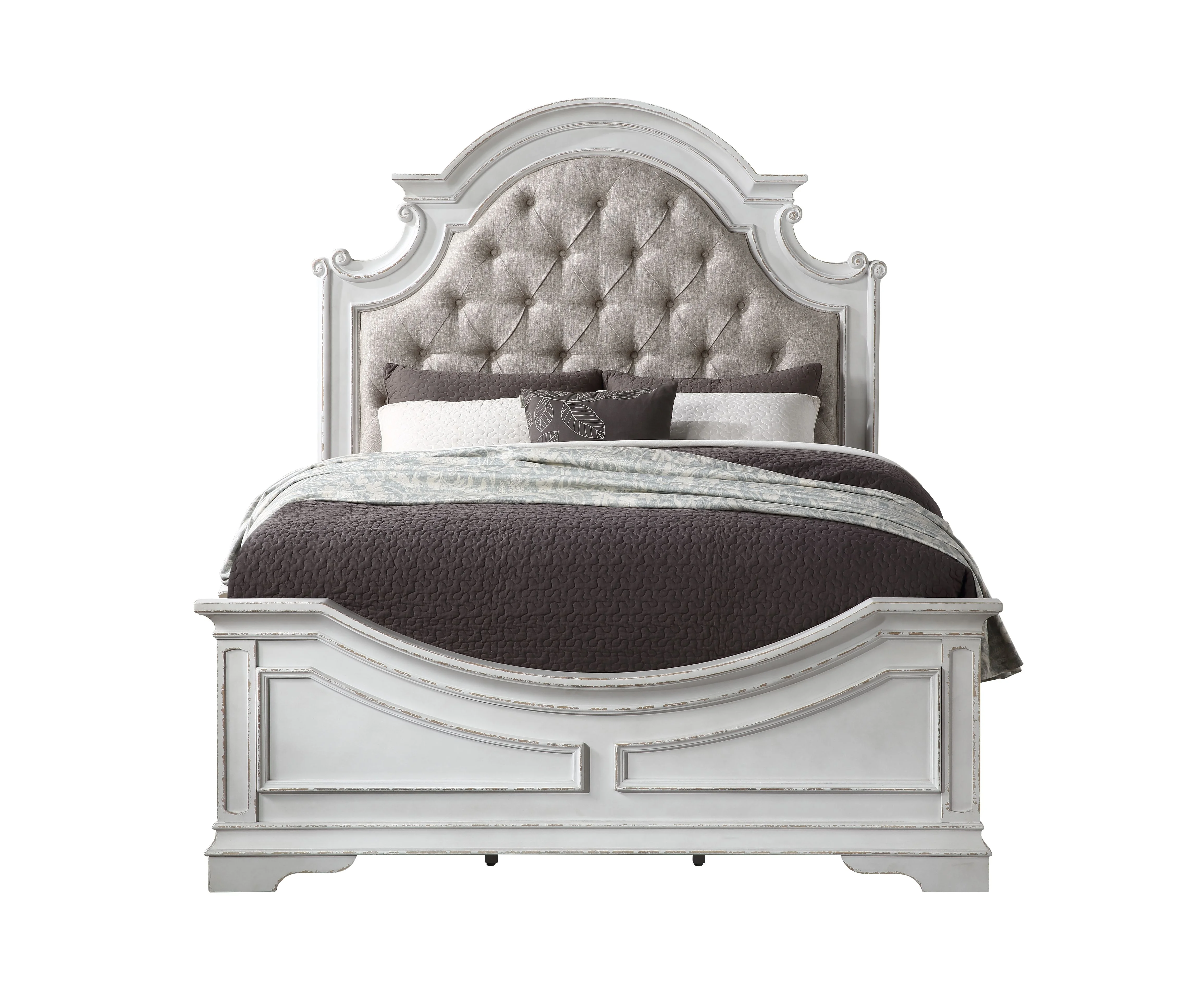 Florian Queen Bed in Beige PU & Antique White Finish