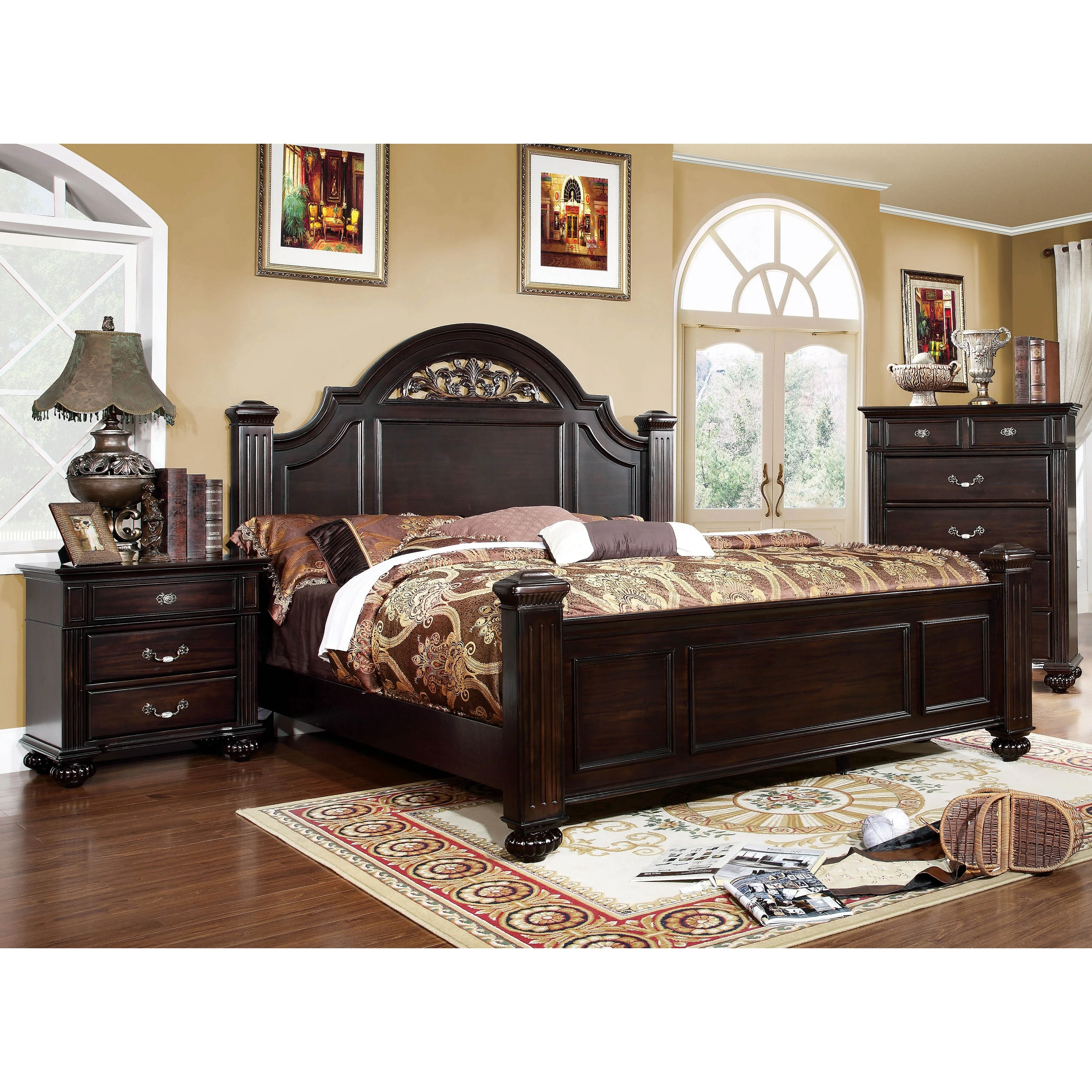 Furniture of America Vame Traditional Walnut Solid Wood 3-Piece Poster Bedroom Set by Queen