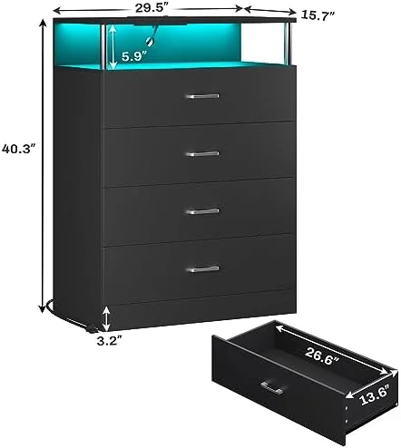 xrboomlife Dresser for Bedroom with LED Light and Charging Station  Black Chest of 4 Drawers with Open   TV Stand  Modern  Cabinet for entryway  Closet  Hallway  Column Design