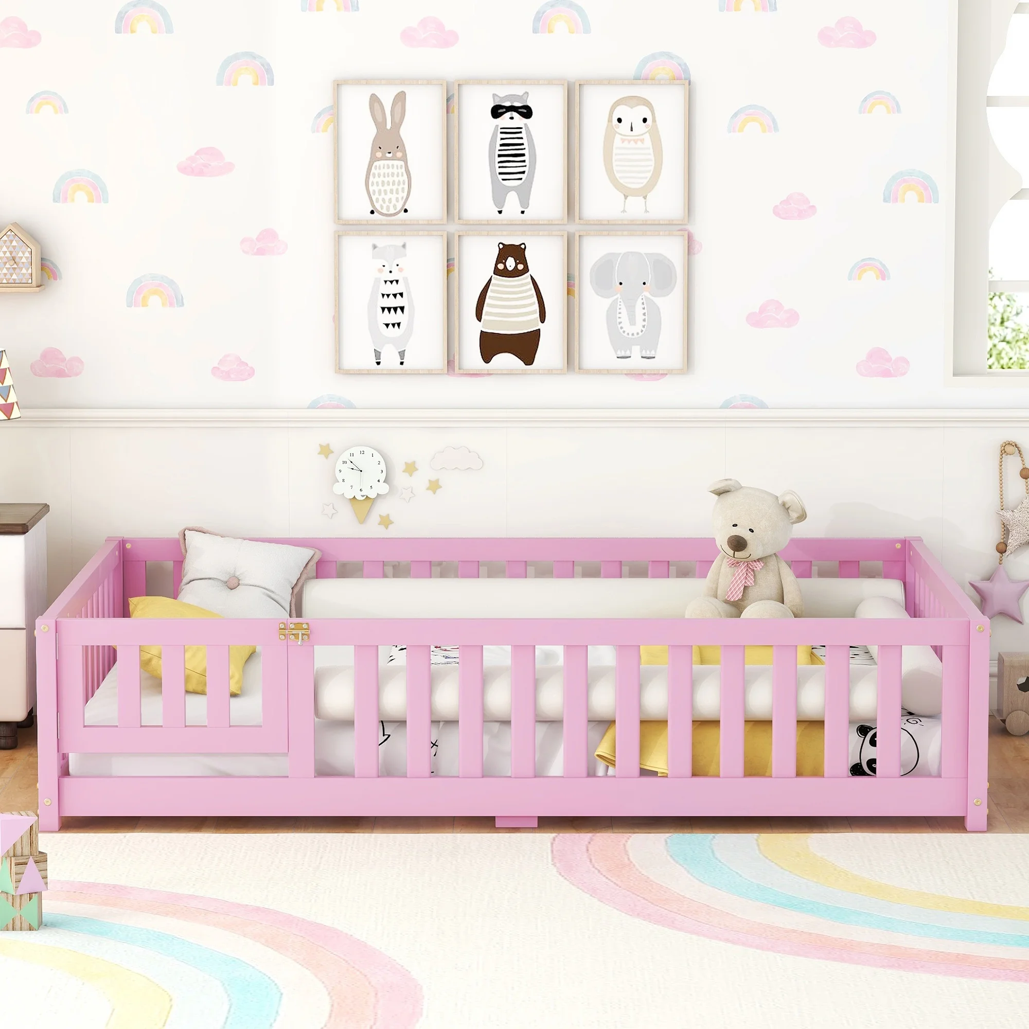 Full Size Pink Floor Bed with Safety Guardrails and Door - Toddler-Friendly Floor Bed for Kids