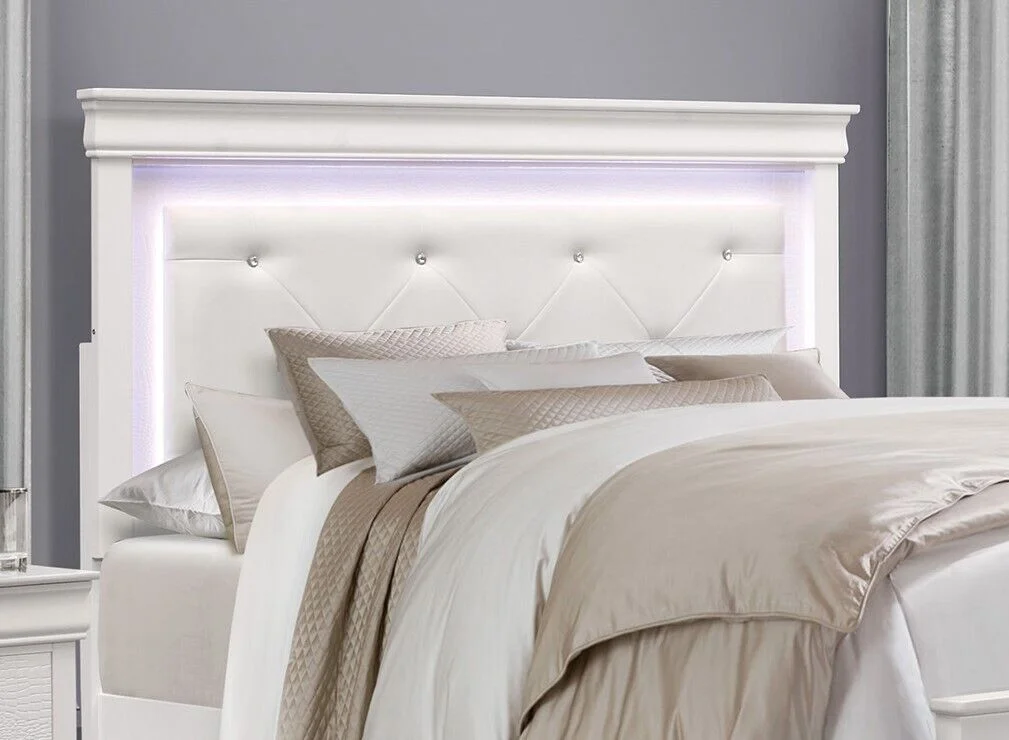 Glamorous Style White Queen Bed 1pc Button Tufted LED Lighting Headboard Textural Panels Wooden Bedroom Furniture