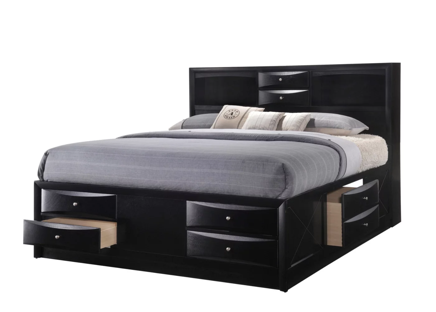 Transitional Black Finish 1pc Queen Size Bed 8 Storage Drawers Hardwood Bedroom Furniture
