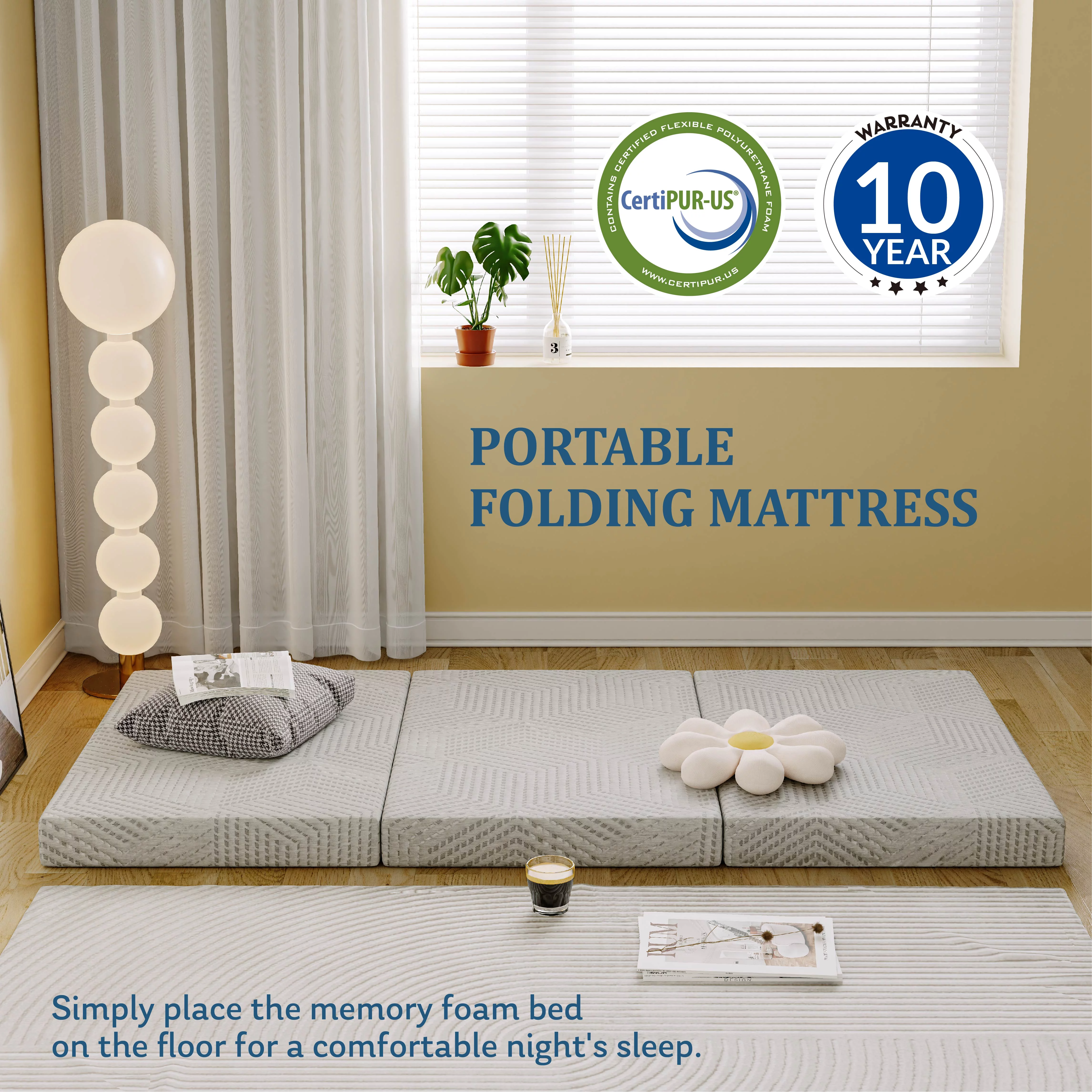 MLILY Ego 4 inch Tri Folding Memory Foam Mattress, Portable Guest Bed, Twin XL Size