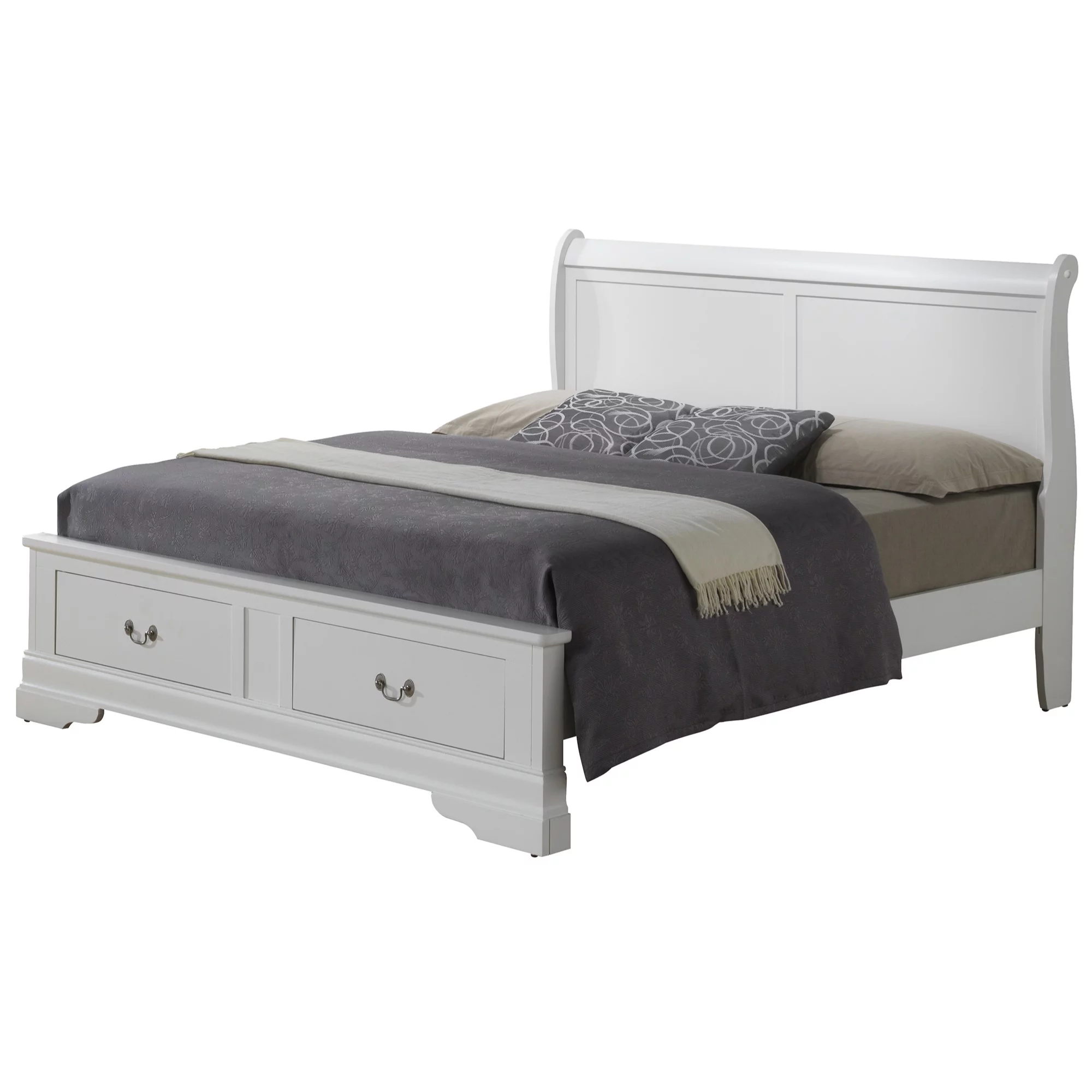 Passion Furniture Louis Philippe Storage Sleigh Bed with 2 Drawers, White - Full Size