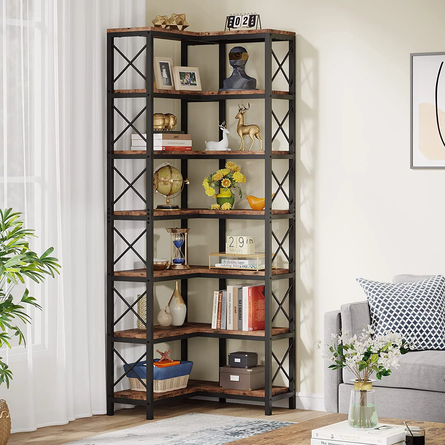 Tribesigns 7-Shelf Corner Bookshelf,Large Modern Corner Bookcase with Metal Frame for Living Room Home Office