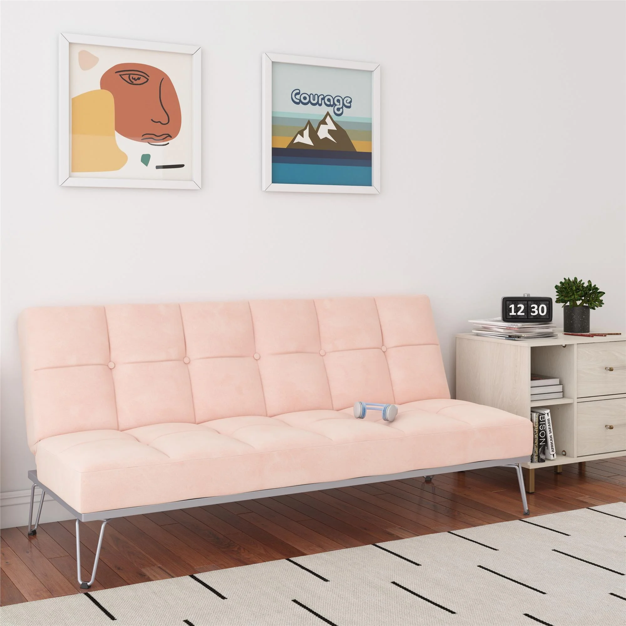 Novogratz Elle Futon, Convertible Sofa Bed and Couch, Pink Velvet
