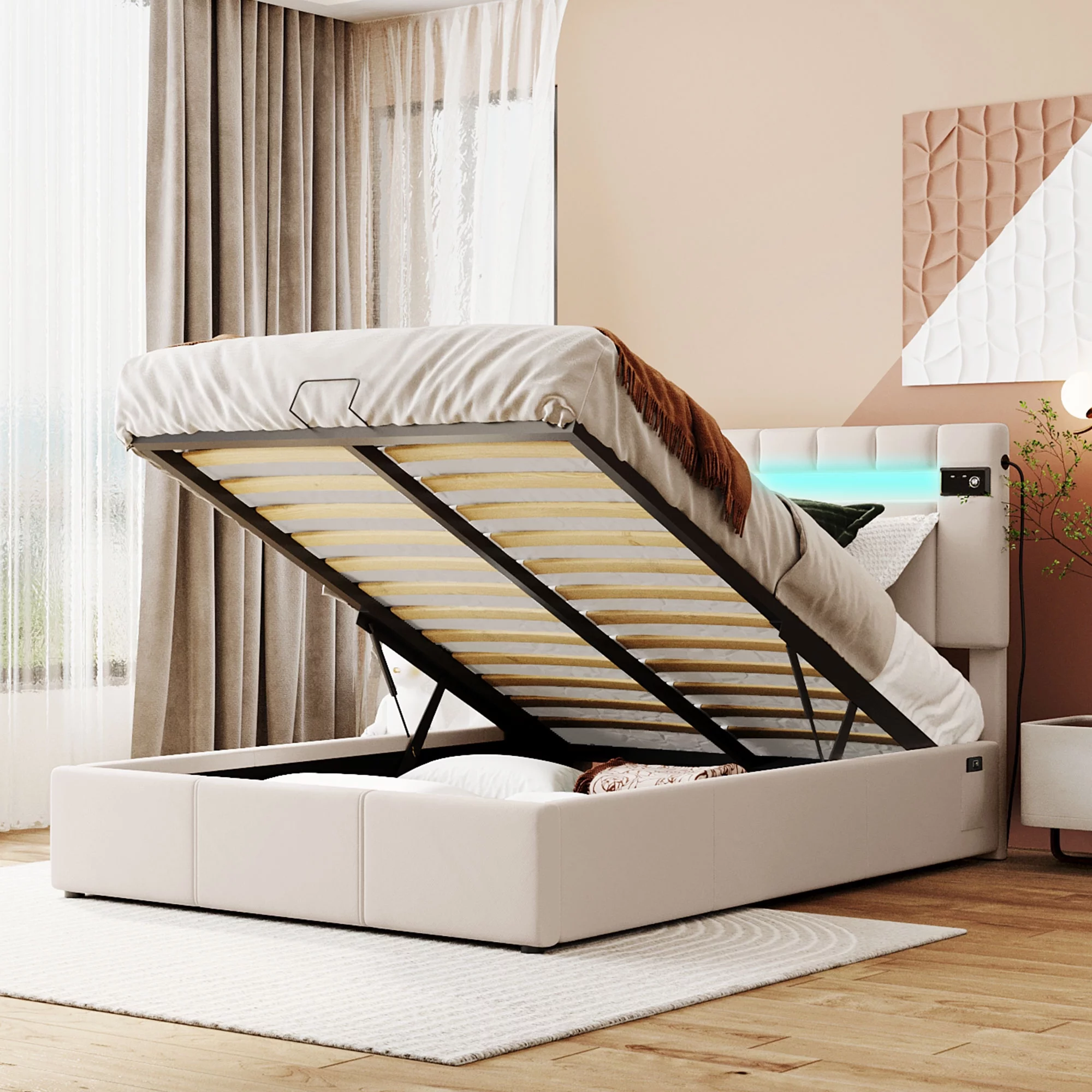 Churanty Full Size Upholstered Bed with Lifting Storage and LED Light,Full Platform Bedframe with Headboard,Bluetooth Player and USB Charging,Beige