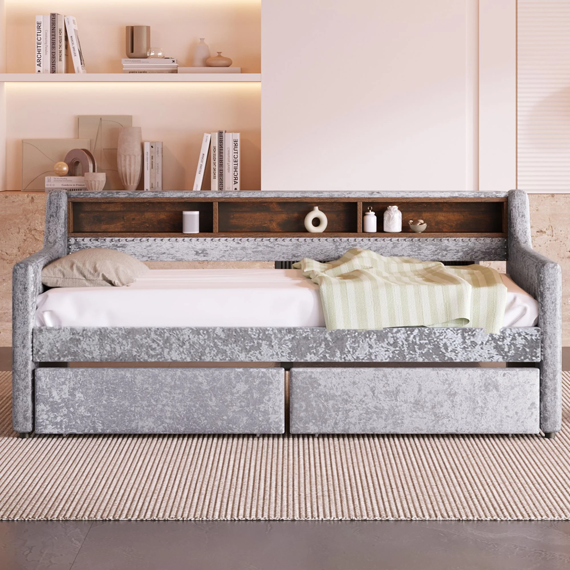 Elegant Design Velvet Twin Size Daybed with Two Storage Drawers and Built-in Storage Shelves, Wood Day Bed for Office/Living Room/Bedroom, Sturdy Slats Support Wooden Sofa Bed