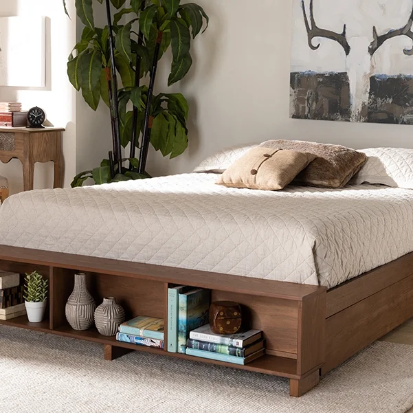 Baxton Studio MG6001-1S-Ash Walnut-4DW-King Arthur Modern Wood Platform Bed With Built-in Shelves, Rustic Ash Walnut Brown - King Size