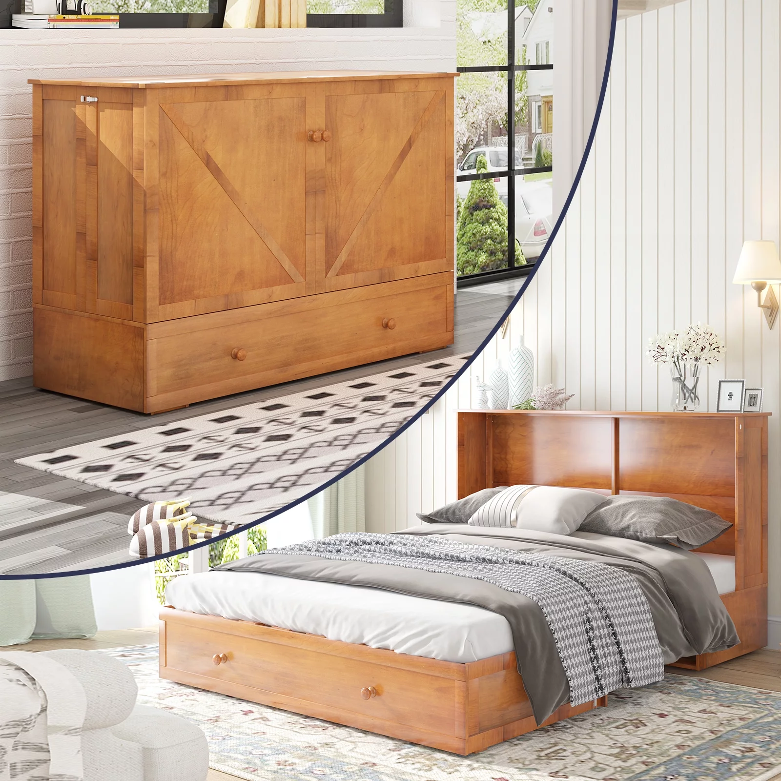 ijuicy Queen Size Murphy Bed Chest, Cube Chest Cabinet Bed with Charging Station & Trifold Memory Foam Mattress & Large Drawer for Guests Room/Bedroom Cherry