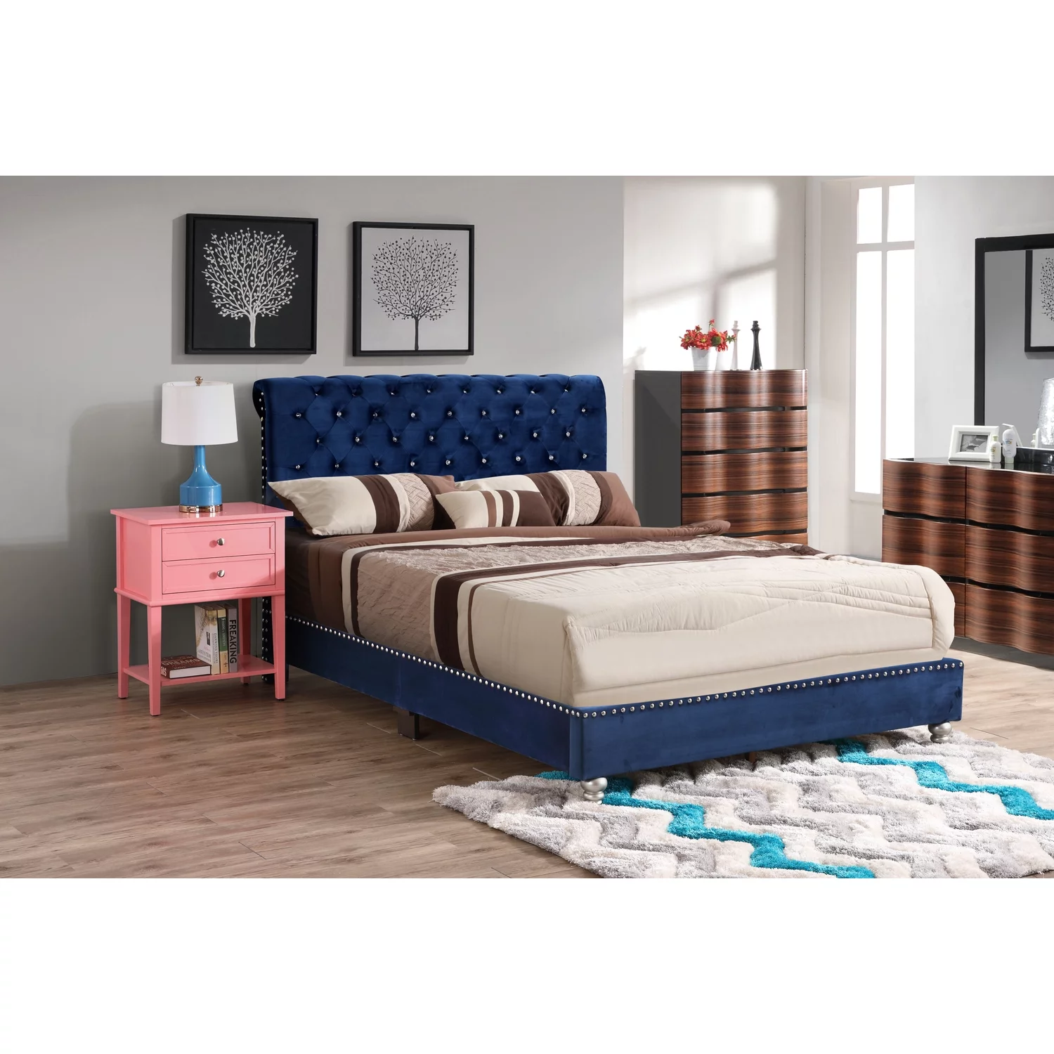 Glory Furniture Maxx Tufted Upholstered Bed With Navy Blue Finish G1943-QB-UP
