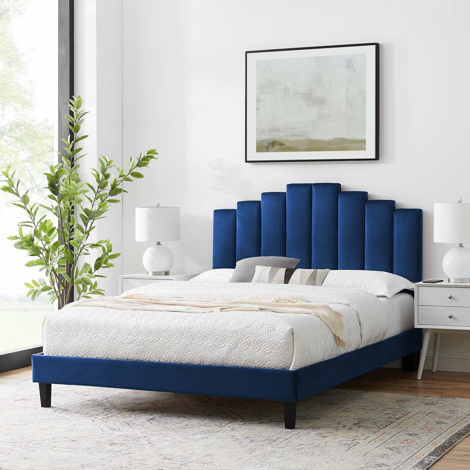 Platform Bed Frame, Queen Size, Velvet, Blue Navy, Modern Contemporary Urban Design, Bedroom Master Guest Suite
