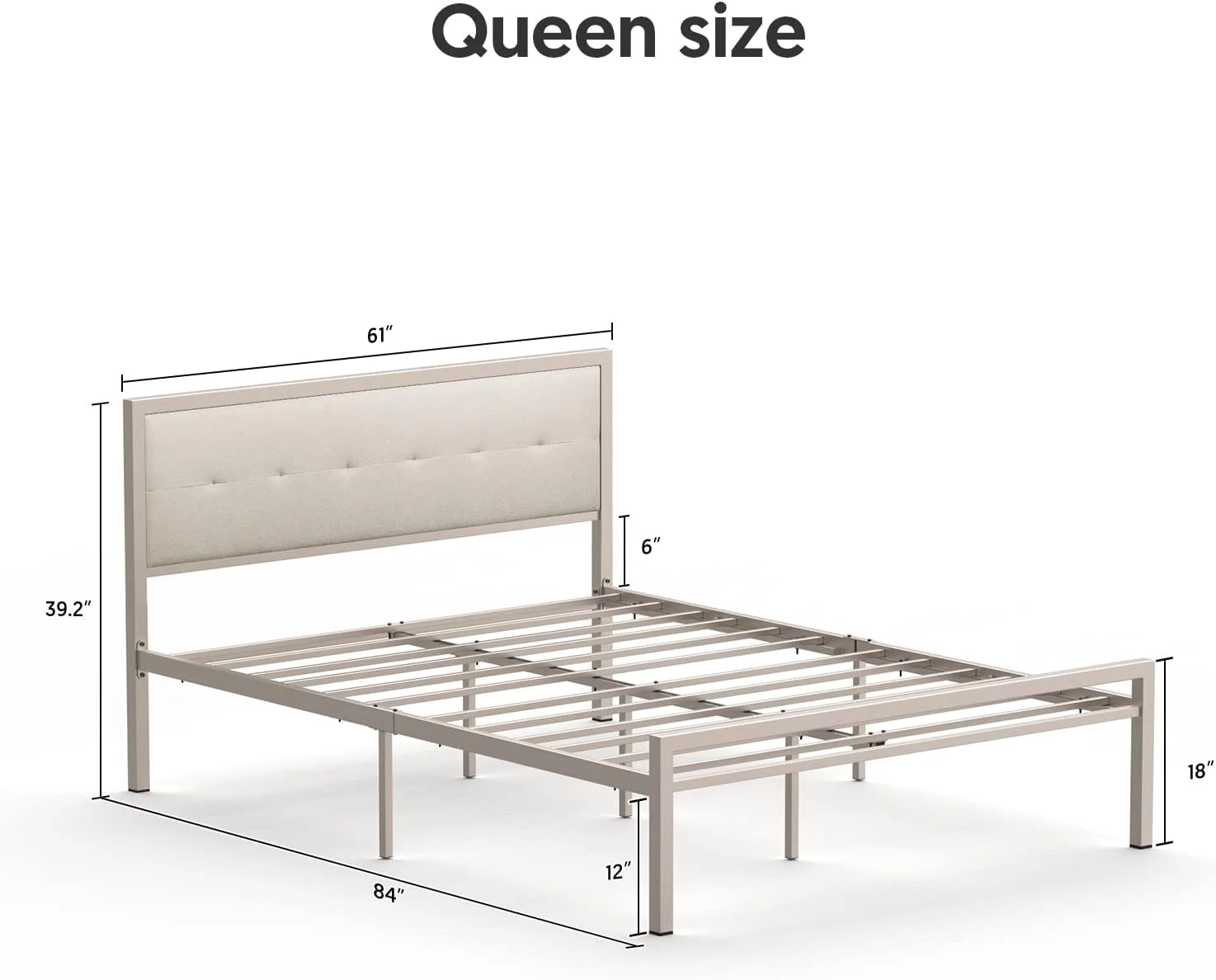 Queen Size Bed Frame Steady Steel Platform With Fabric Headboard/Footboard (Champagne Color Frame)