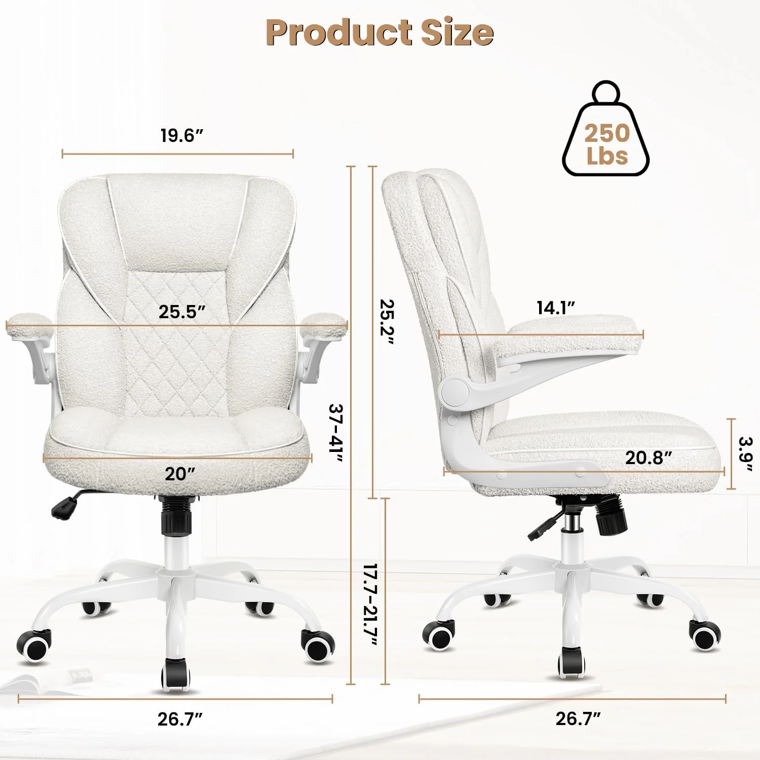 Living Room Chairs, Ergonomic Vanity Chair with Wheels, Comfortable Teddy Velvet Bedroom Chair with Flip-up Armrests, Reading Chair White