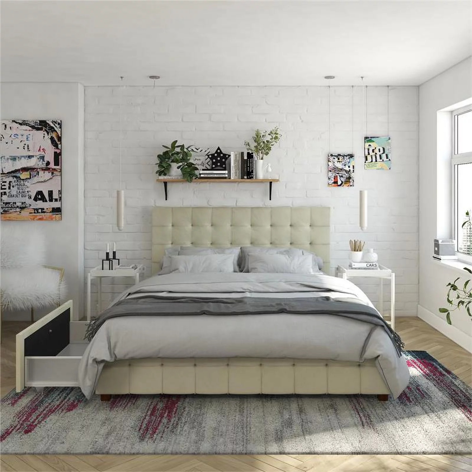 CosmoLiving by Cosmopolitan Elizabeth Upholstered Bed Queen in Ivory Velvet