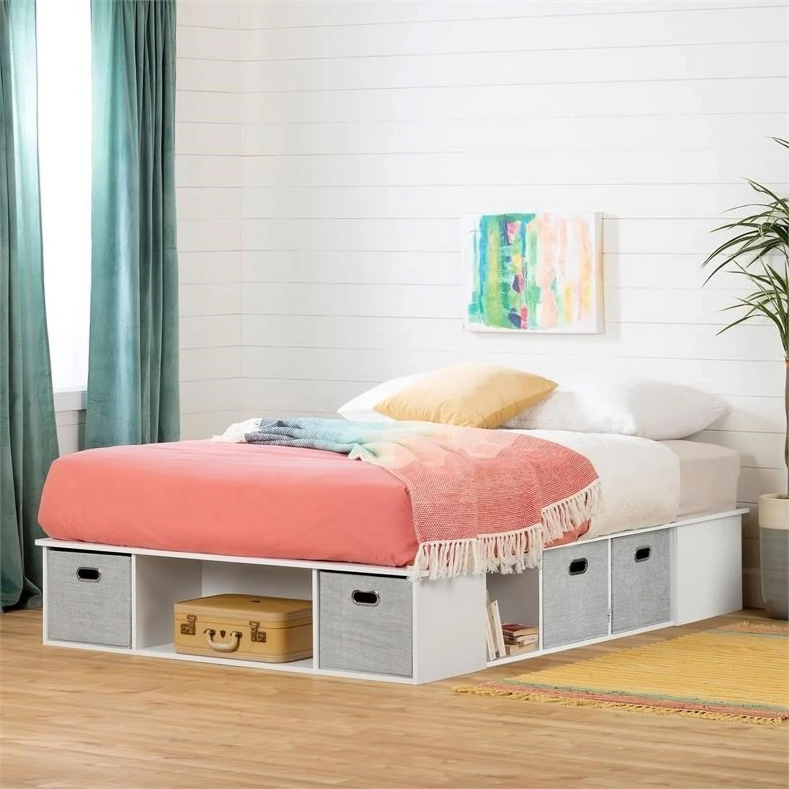 Bowery Hill Contemporary Wood Full Bed with Storage and Baskets in Pure White