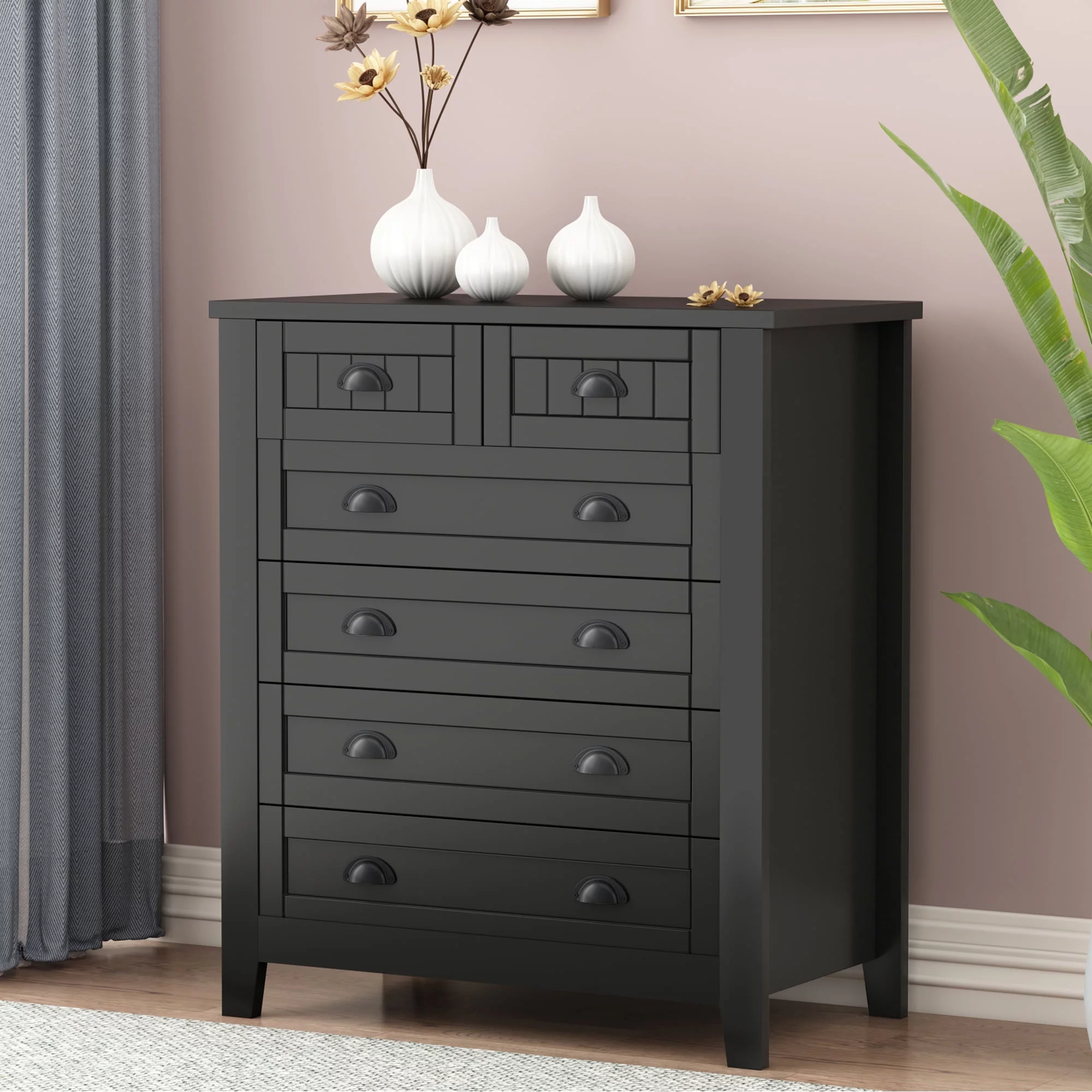 Black 6 Drawers Vertical Dresser,Wooden Chest of 6 Drawers for Bedroom
