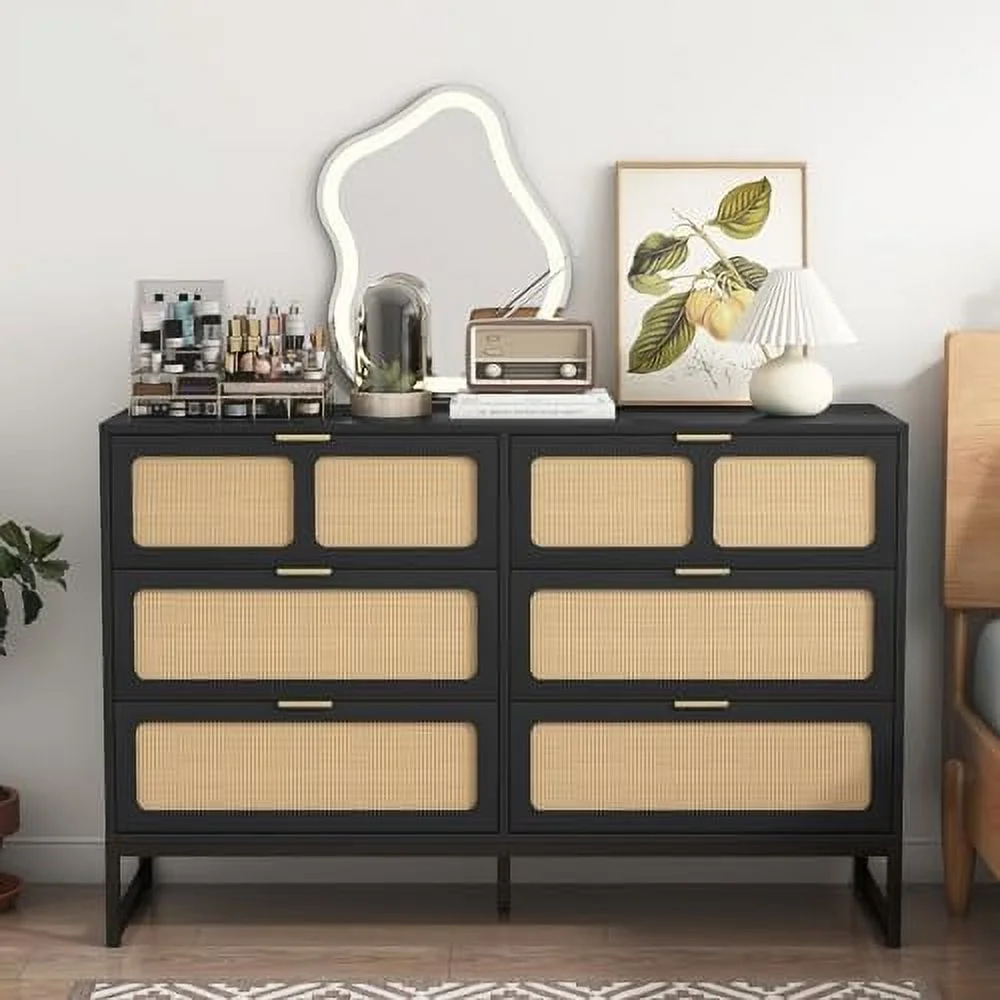 HBBOOMLIFE 6 Drawer Rattan Dresser Modern Dresser with Rattan Drawers Farmhouse Wood Chest of Drawers for Bedroom Closet Living Room Entryway