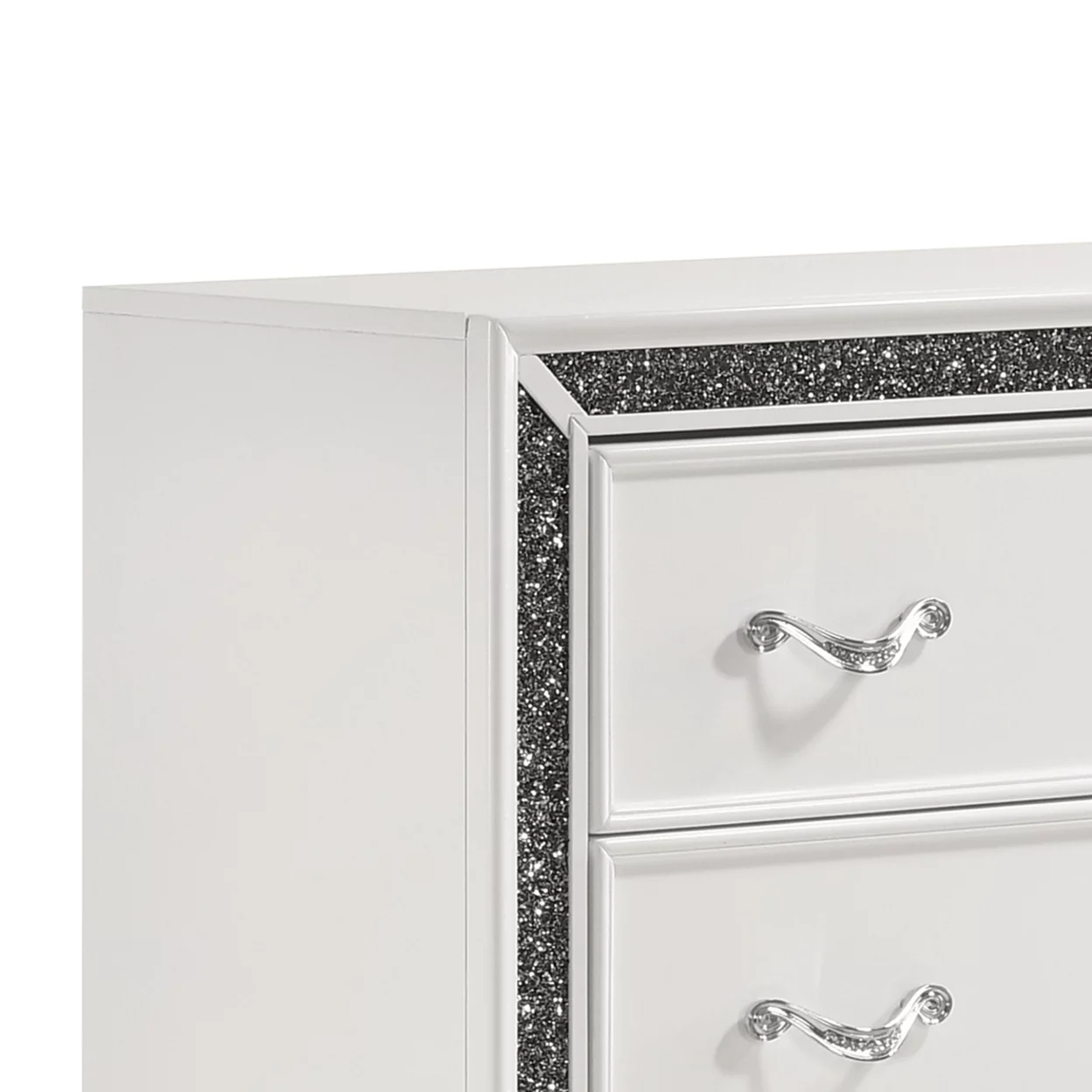 Wooden Chest with Faux Crystal Inlays and 5 Spacious Drawers, White- Saltoro Sherpi