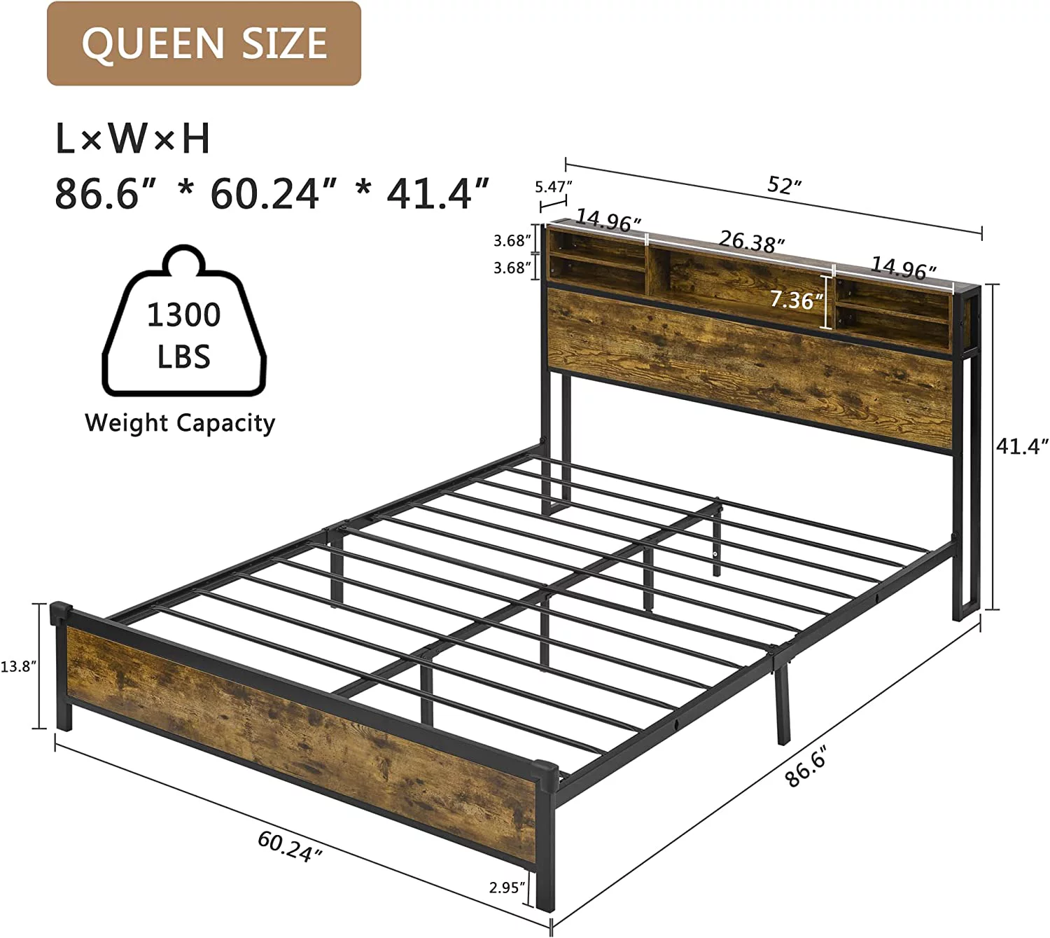 Alohappy Queen Bed Frame with Bookcase Headboard, Metal Platform Bed Frame Queen Size with Headboard Double Support Legs, 13 Metal Slats Support, Easy Assembly ,Noise Free, No Box Spring Needed