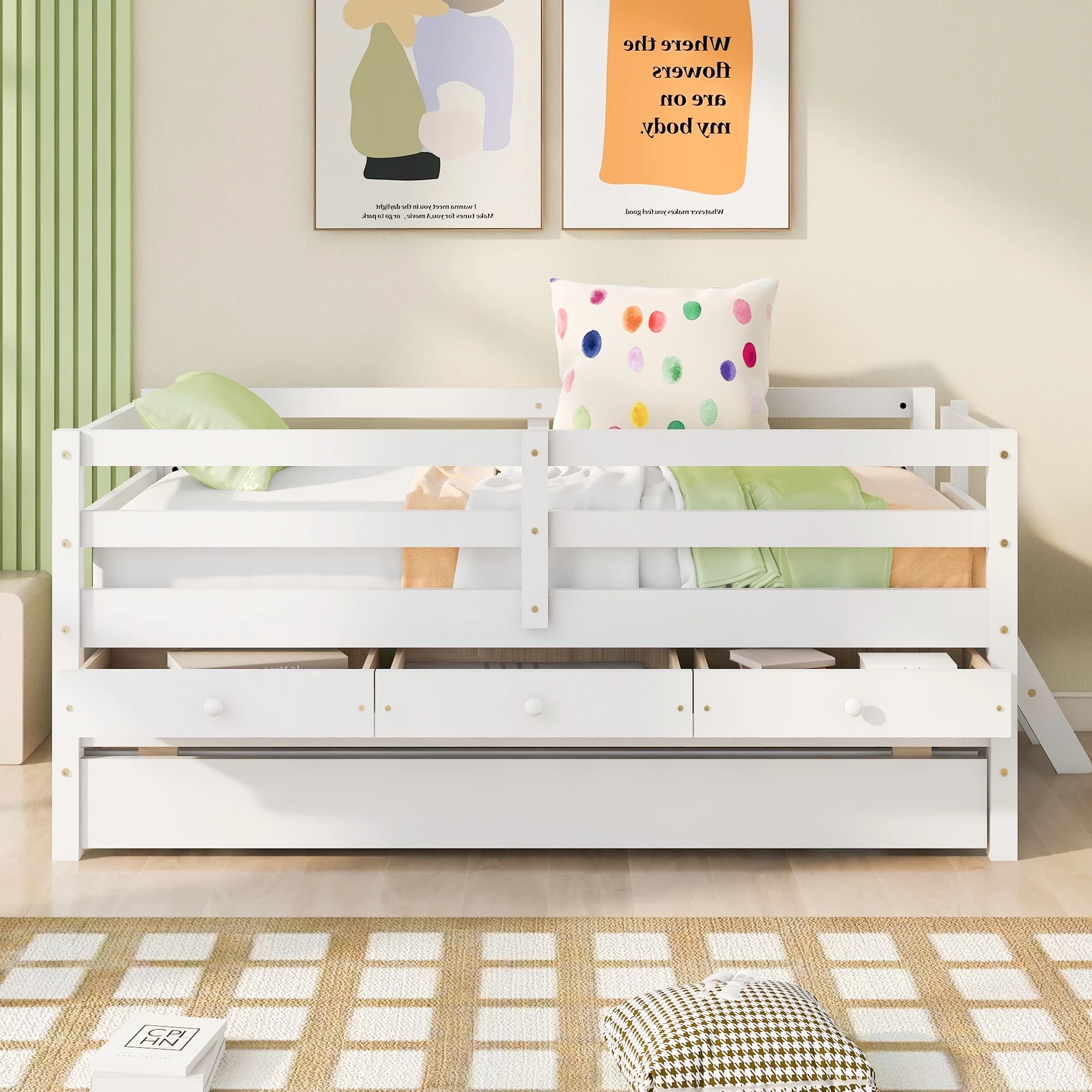 CoSoTower Low Loft Bed Twin Size with Full Safety Fence, Climbing Ladder, Storage Drawers and Trundle White Solid Wood Bed