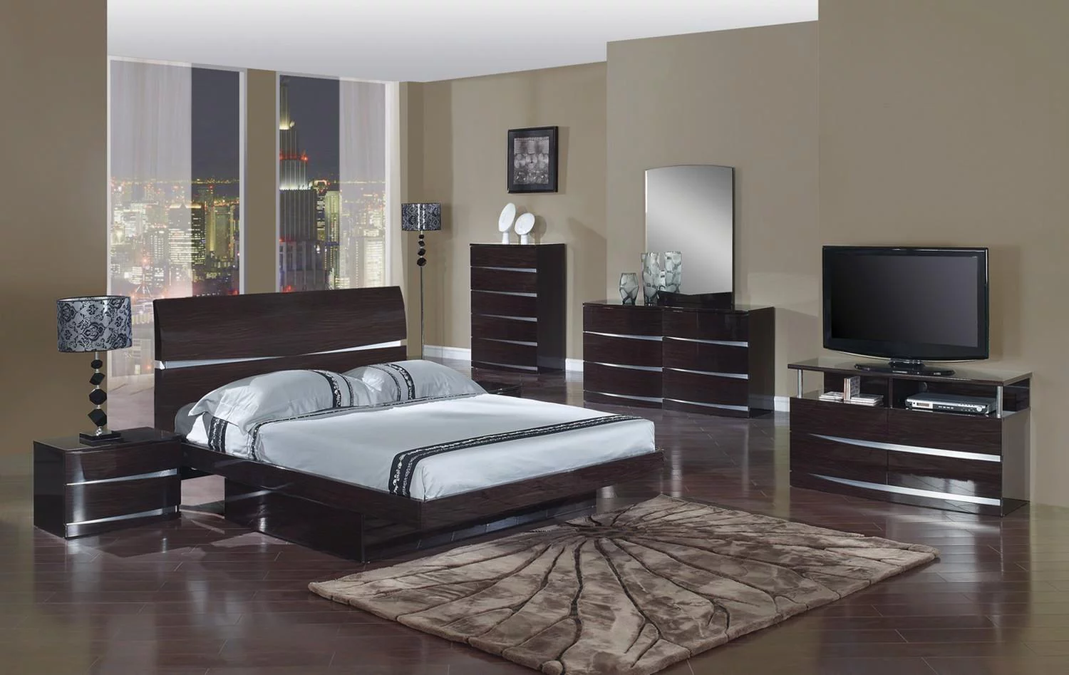 Wenge High Gloss Finish Storage King Bedroom Set 5Pcs Global United Wynn