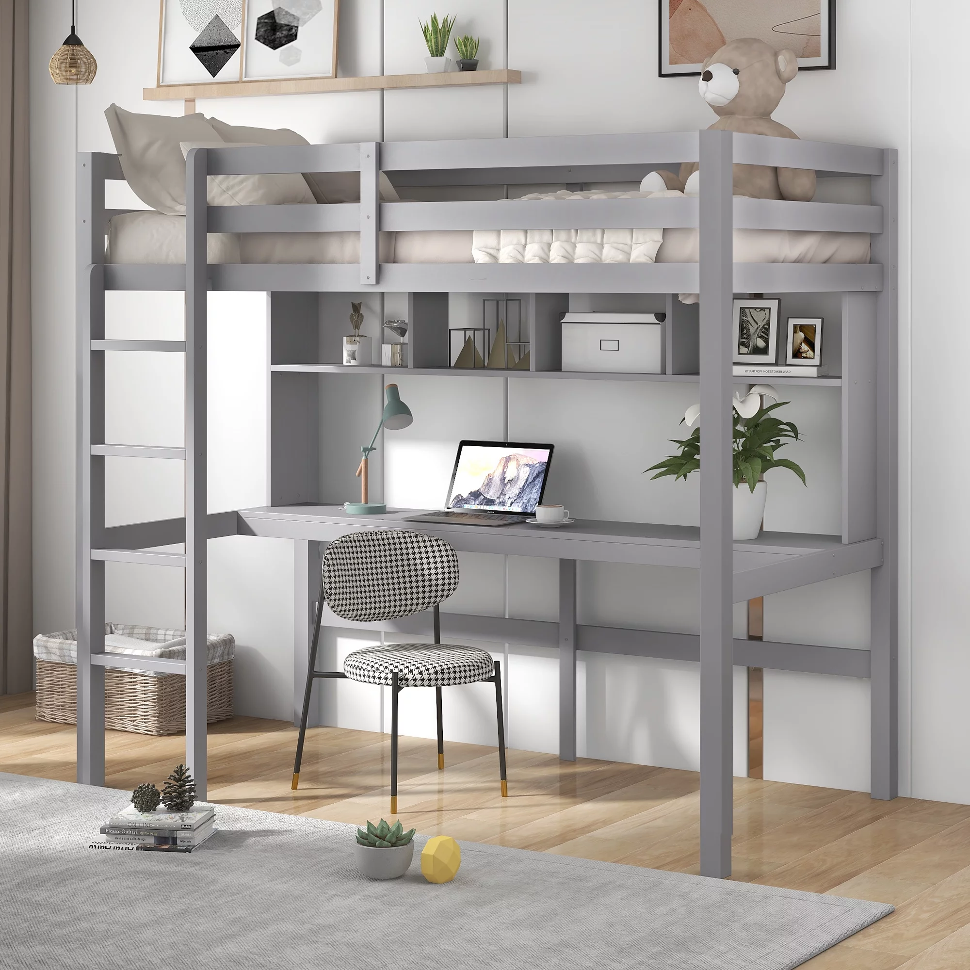Euroco Wood Twin Size Loft Bed with Desk and Shelves for Kids Room, Solid Bed with Underbed Storage and Study Desk and Shelf, Gray