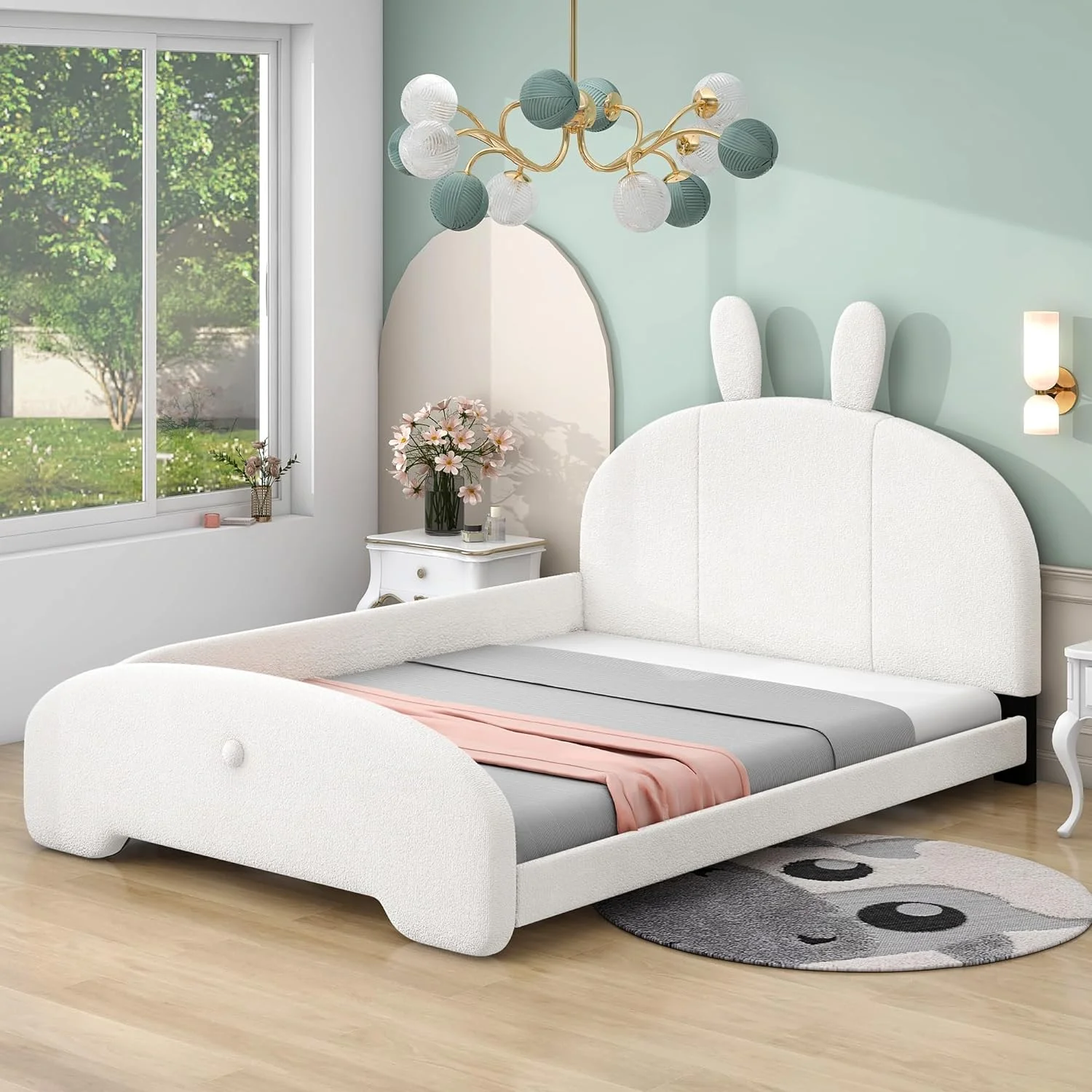 White Upholstered Full Bed With Cartoo Ears Shaped Headboard, Low Platform Bed Frame With Rails For Kids Girls Boys Tees, Full Size