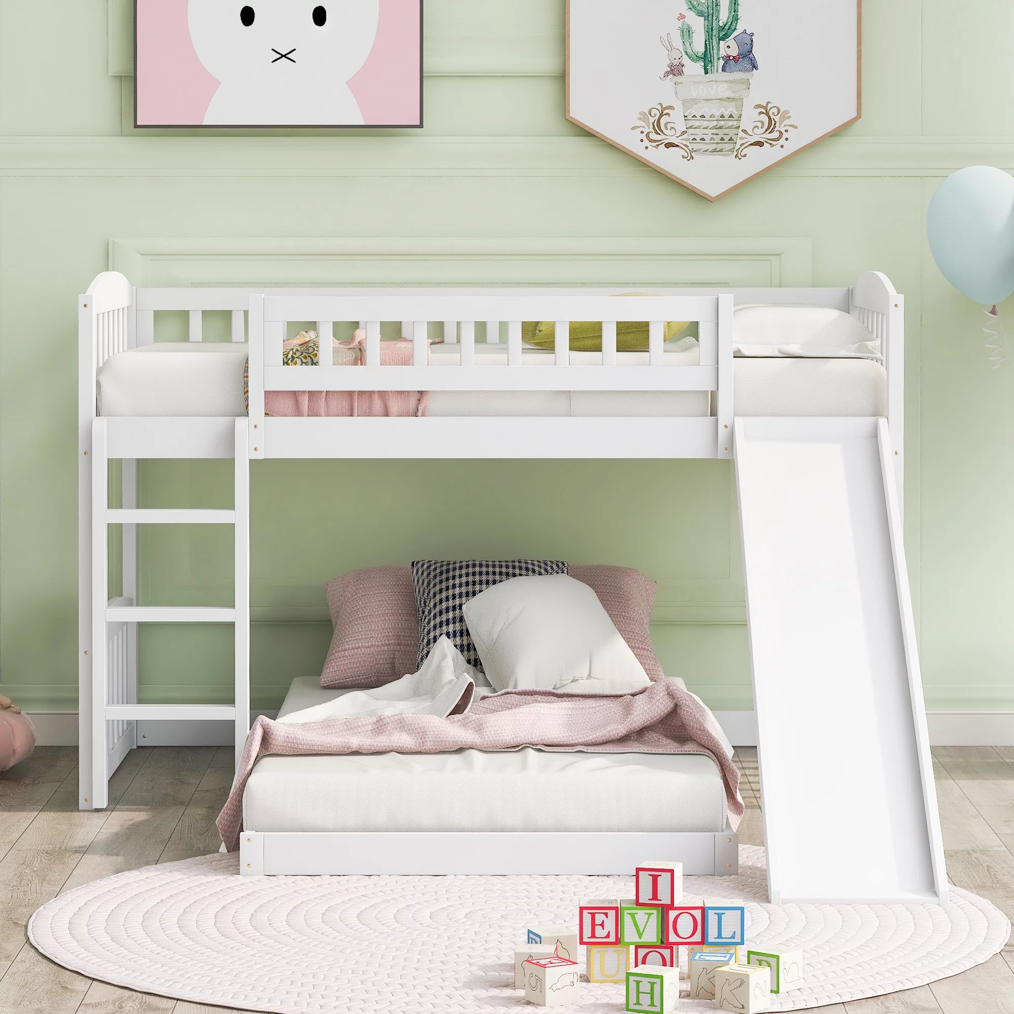 Churanty Low Bunk Bed Twin Over Twin, Wood Floor Bunk Bed with Slide and Ladder, L-Shape Bunk Bed for Bedrooms,White