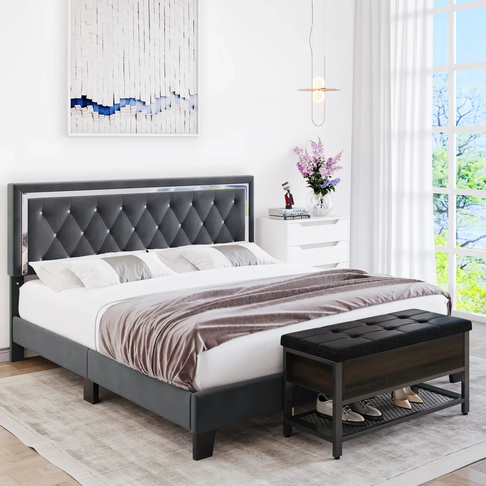Homfa King Bed Frame for Bedroom, Modern Diamond Tufted Upholstered Platform Bed with Adjustable Headboard Support Legs, Gray