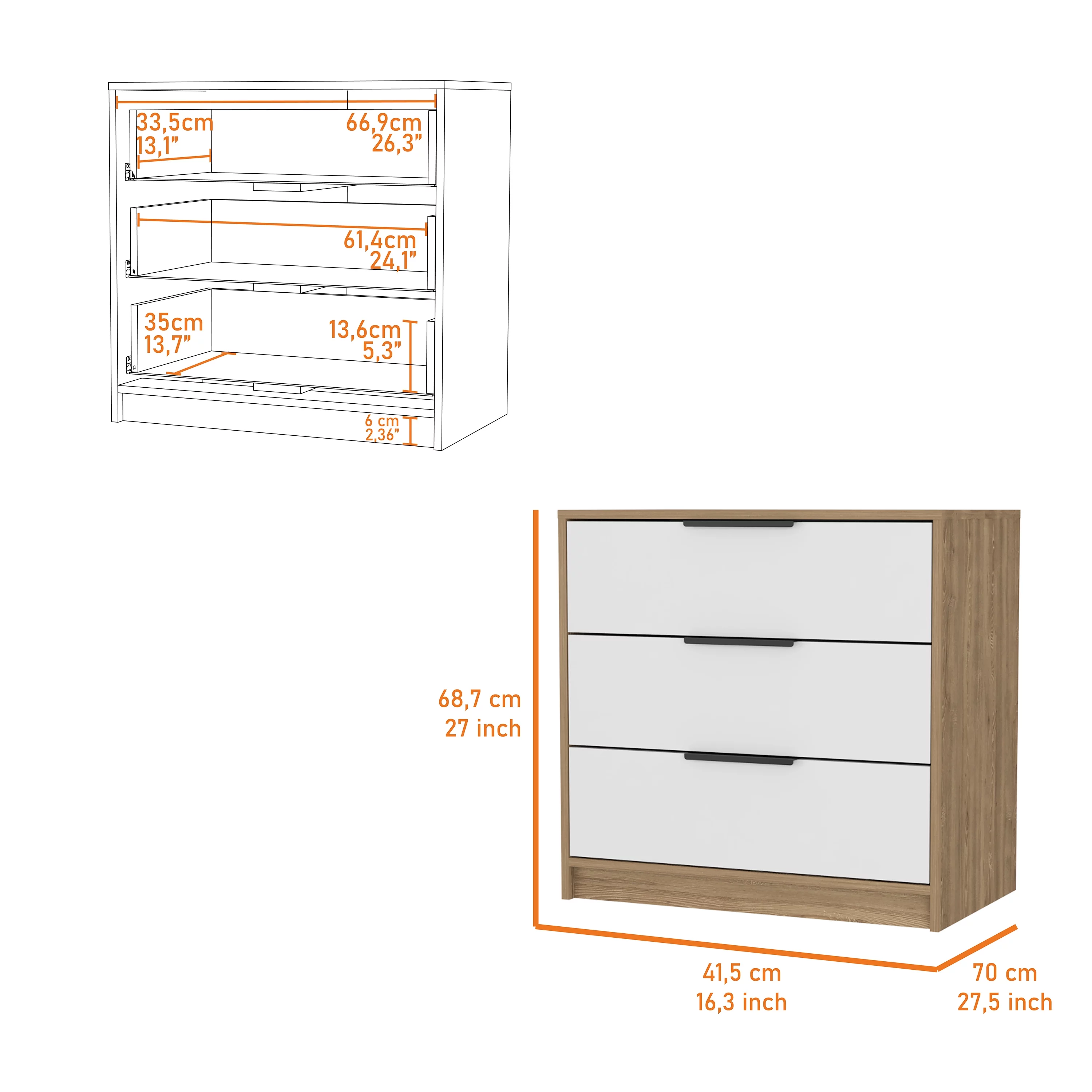 CoSoTower 3 Drawers Dresser Maryland, Superior Top, White / Pine Finish