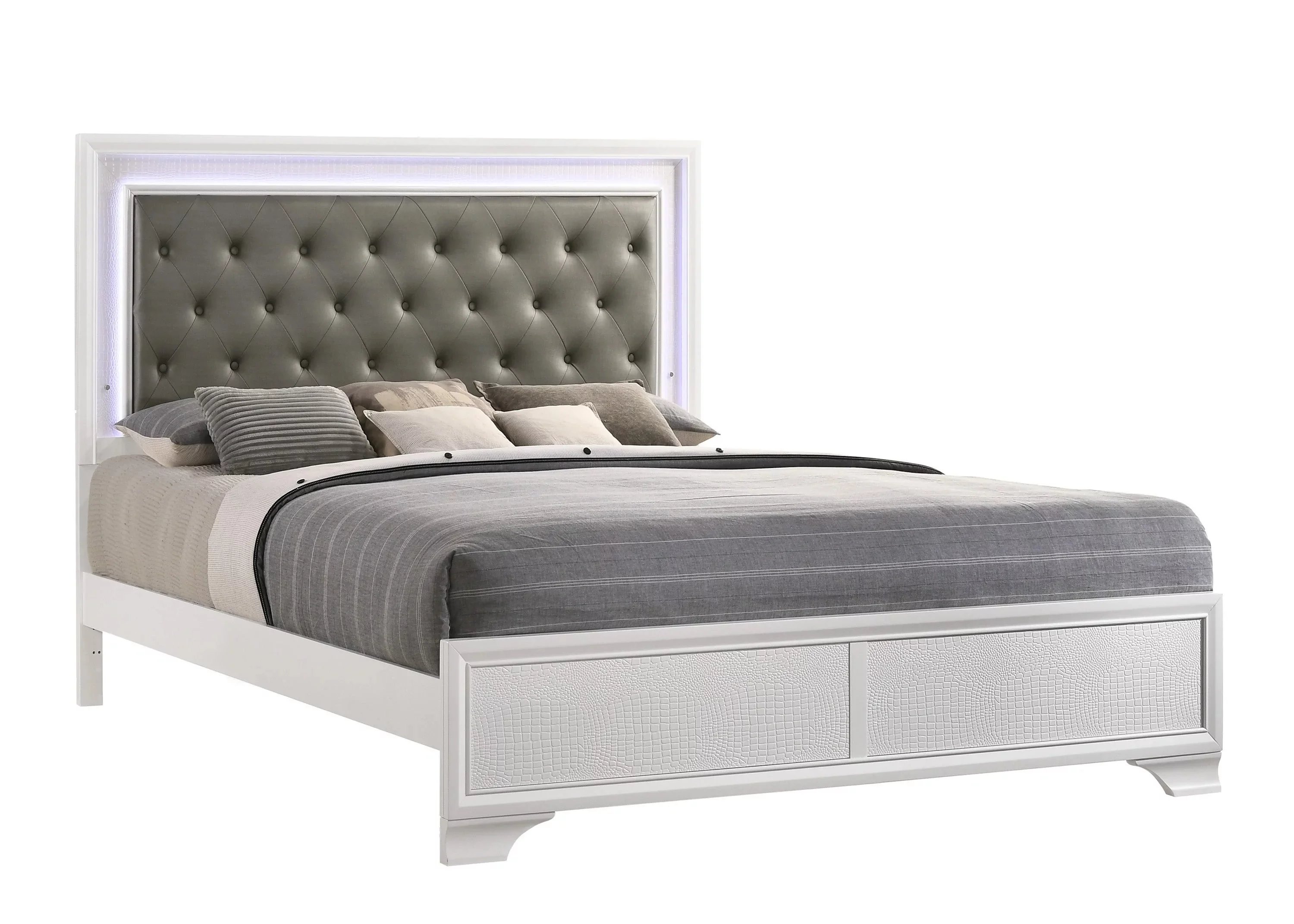 Modern Style Frost Finish 6pc King Size Bedroom Set Bed Dresser Mirror Chest Nightstand White LED Light Upholstery Headboard Furniture