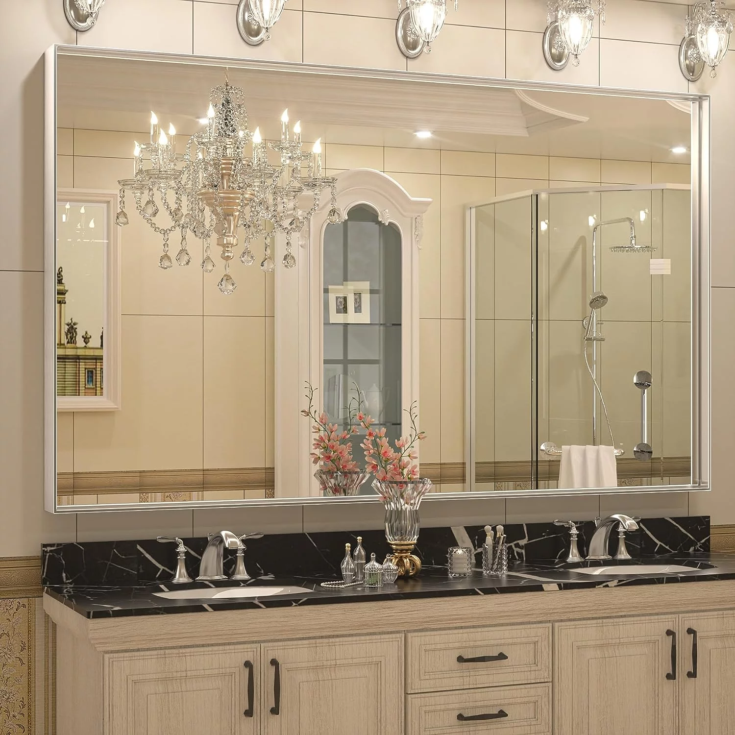 Keonjinn 60 x 36 inch Brushed Nickel Bathroom Mirror, Silver Metal Frame Rectangle Mirror, Over Sink Modern Wall Mount Mirror(Horizontal/Vertical)