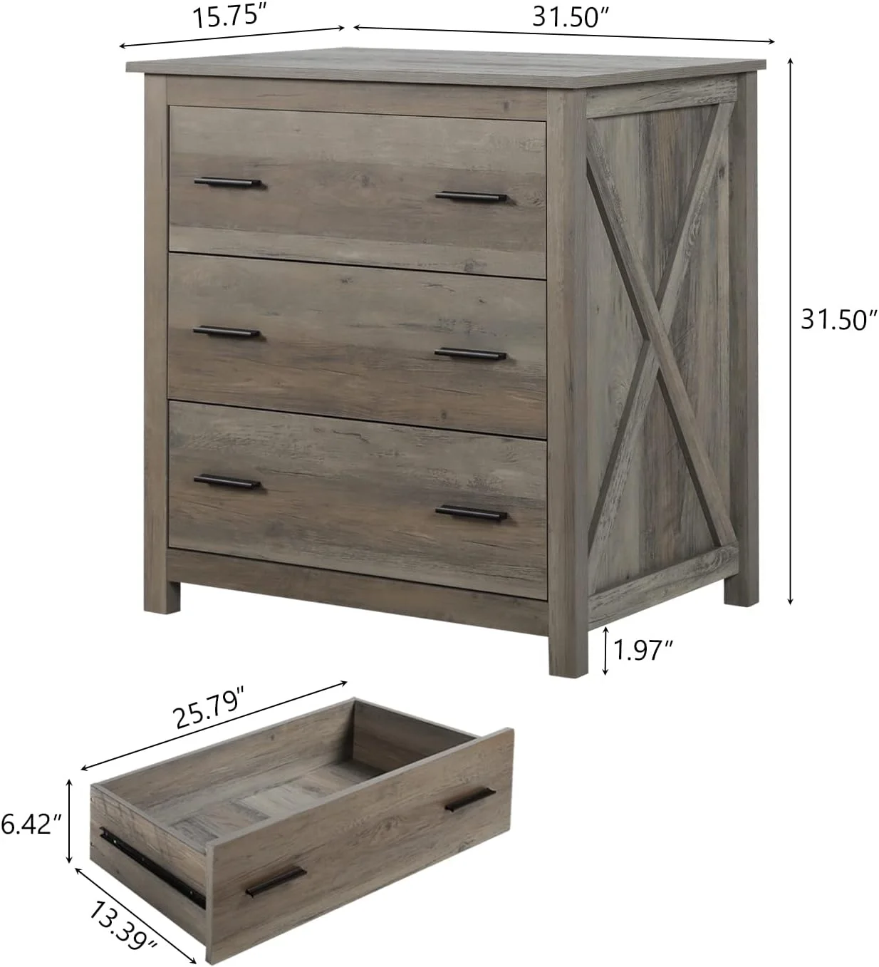 Wooden Chest of Drawer - 3 Drawer Dresser for Bedroom, Farmhouse Dresser, Storage Drawers for Bedroom, Nursery, Living Room, Hallway, Entryway Organizer, Grey