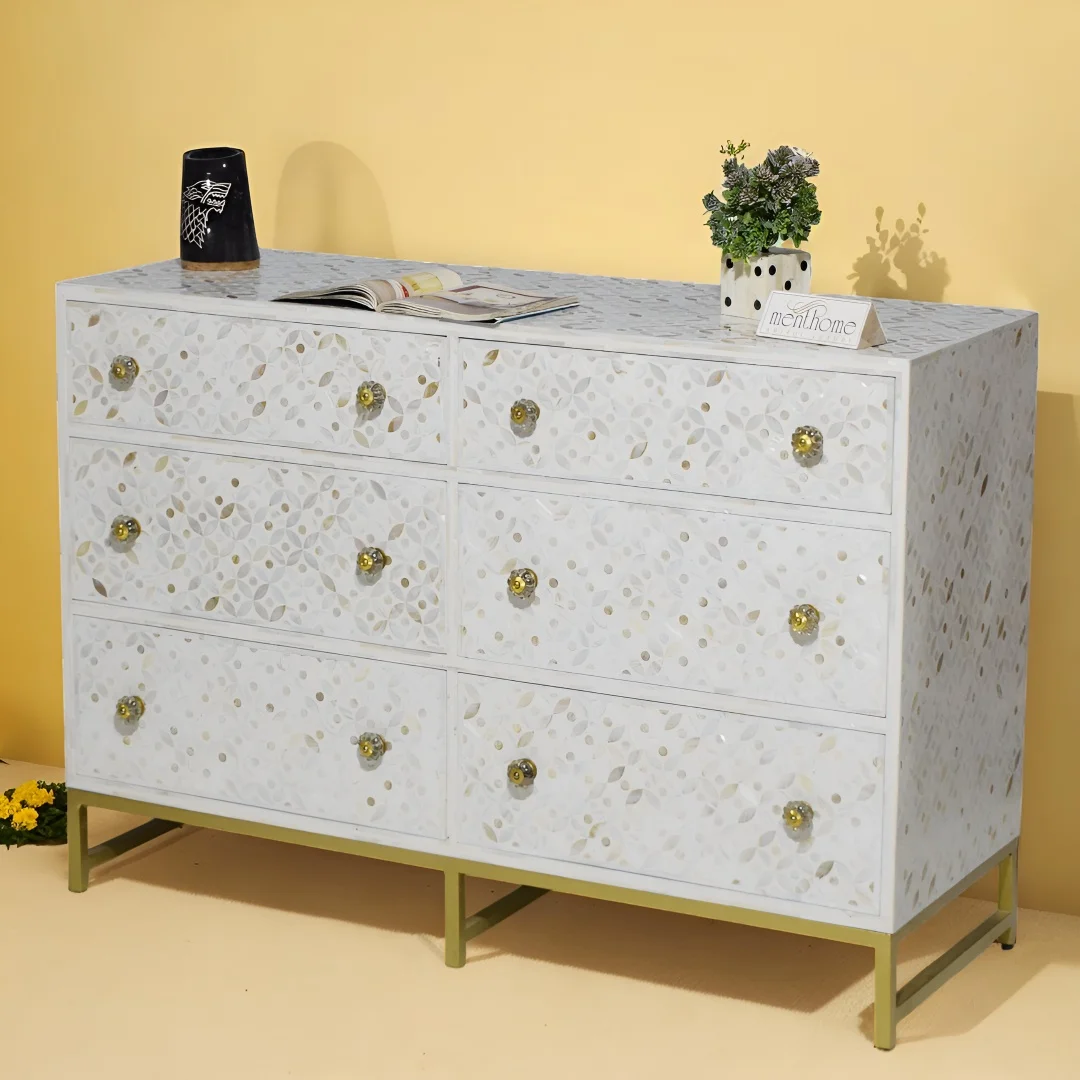 Six-Drawer Dresser with Mother of Pearl Inlay in White, elevated with Brass Legs