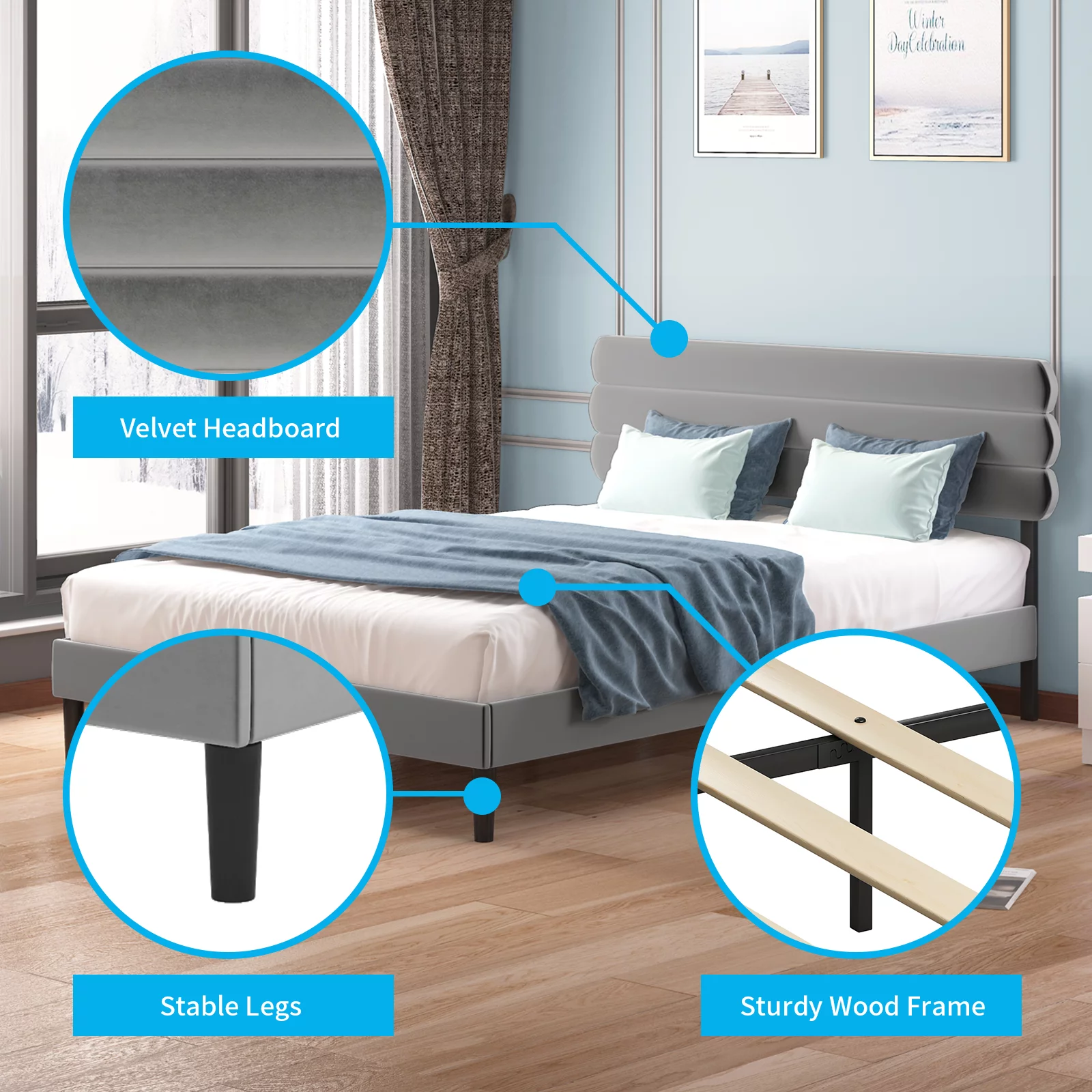 Mjkone Modern Queen Size Platform Bed Frame with Adjustable Upholstered Headboard,Wood/Metal Frame,Light Gray Velvet Fabric