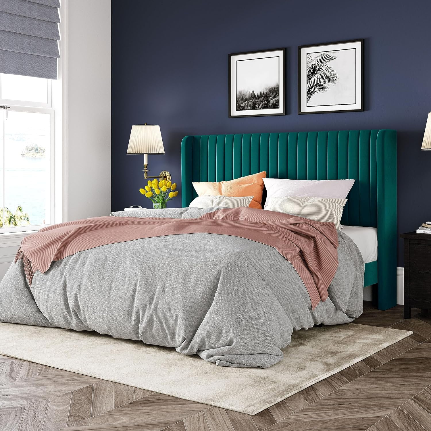 OUWI Queen Size Bed Frame/Velvet Upholstered Platform Bed/Vertical Channel Tufted Wingback Headboard/Strong Wooden Slats/No Box Spring Needed/Easy Assembly/Teal