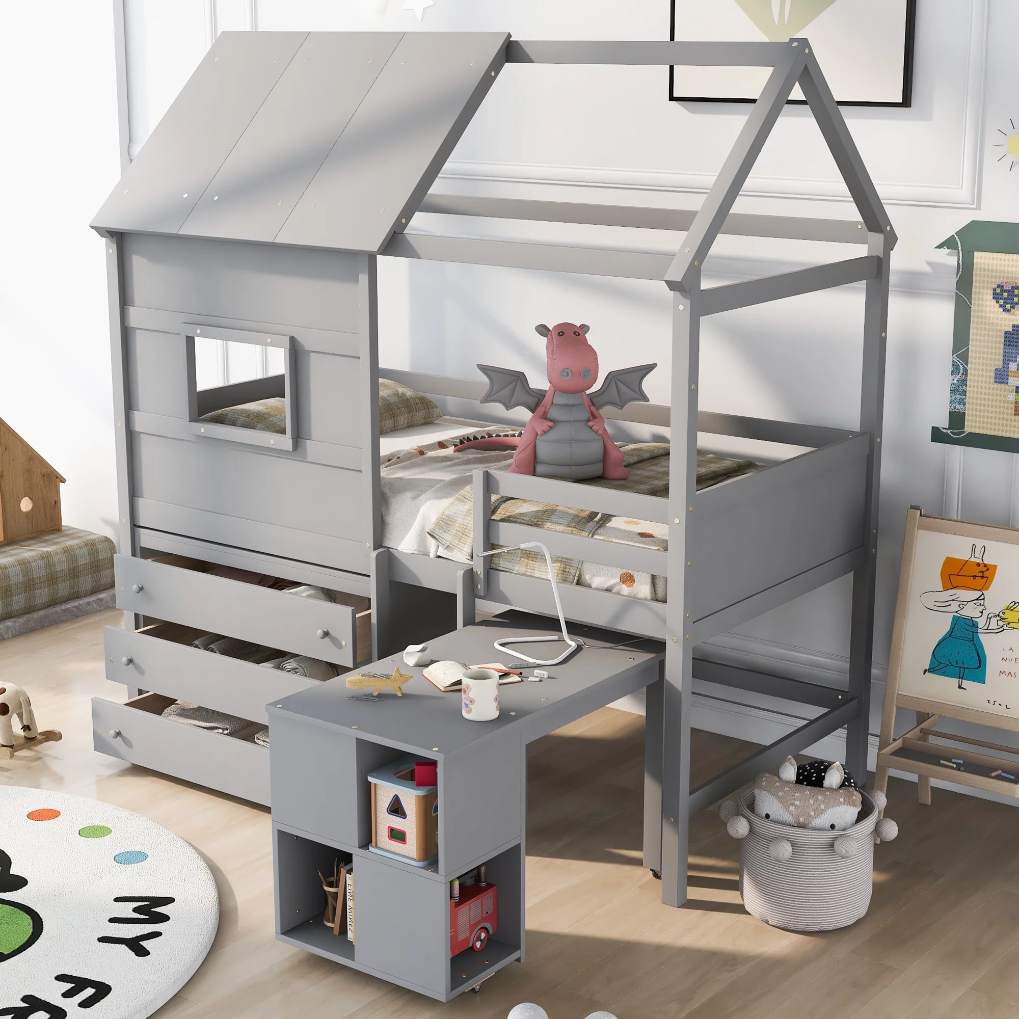 CoSoTower Twin Size House Loft Bed with Storage Desk and 3 Drawer Chest, Gray