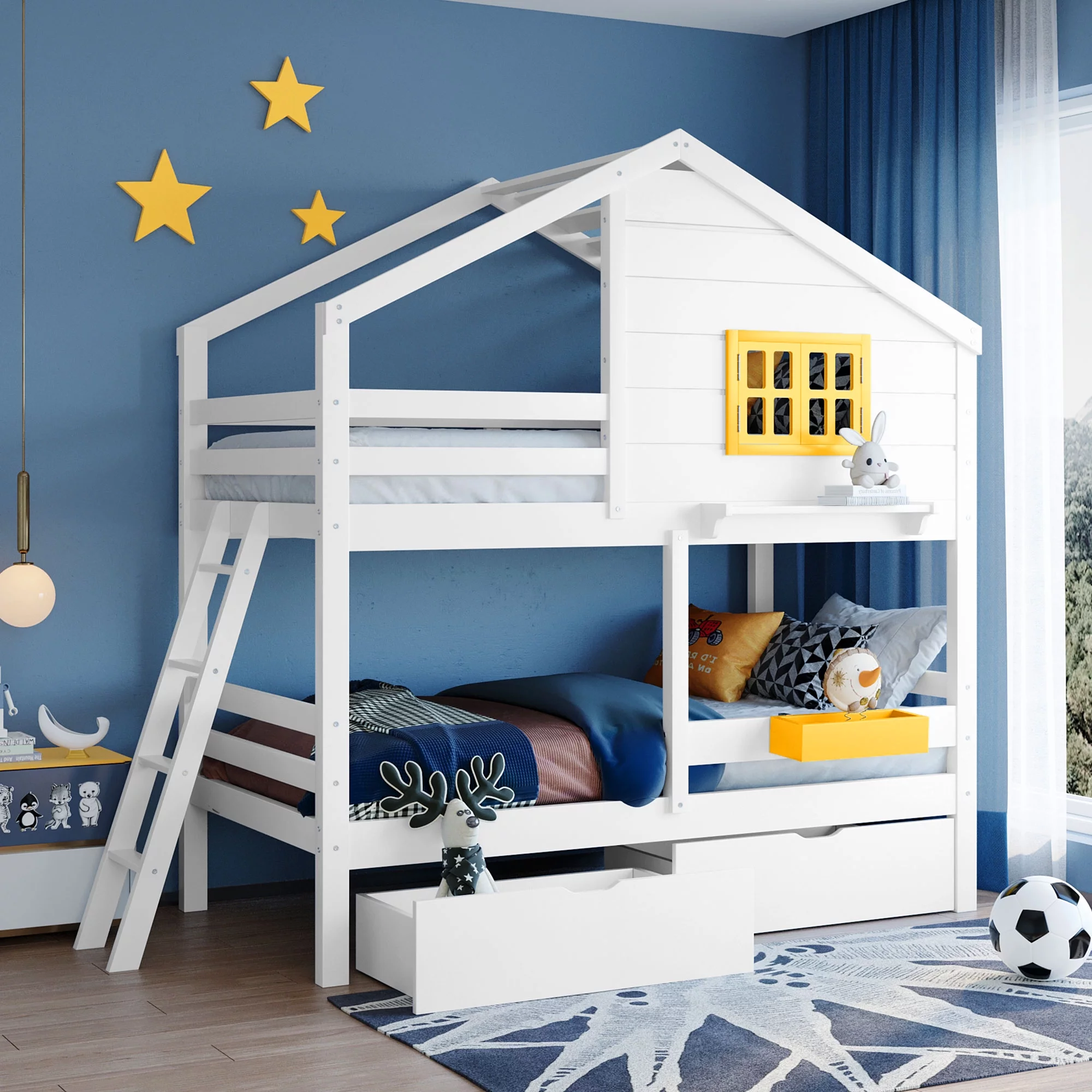 Twin over Twin Bunk Bed with 2 Drawers, 1 Storage Box, 1 Shelf, Window and Roof, Bunk Bed, Wooden House Bunk Bed for Kids Teens Adults