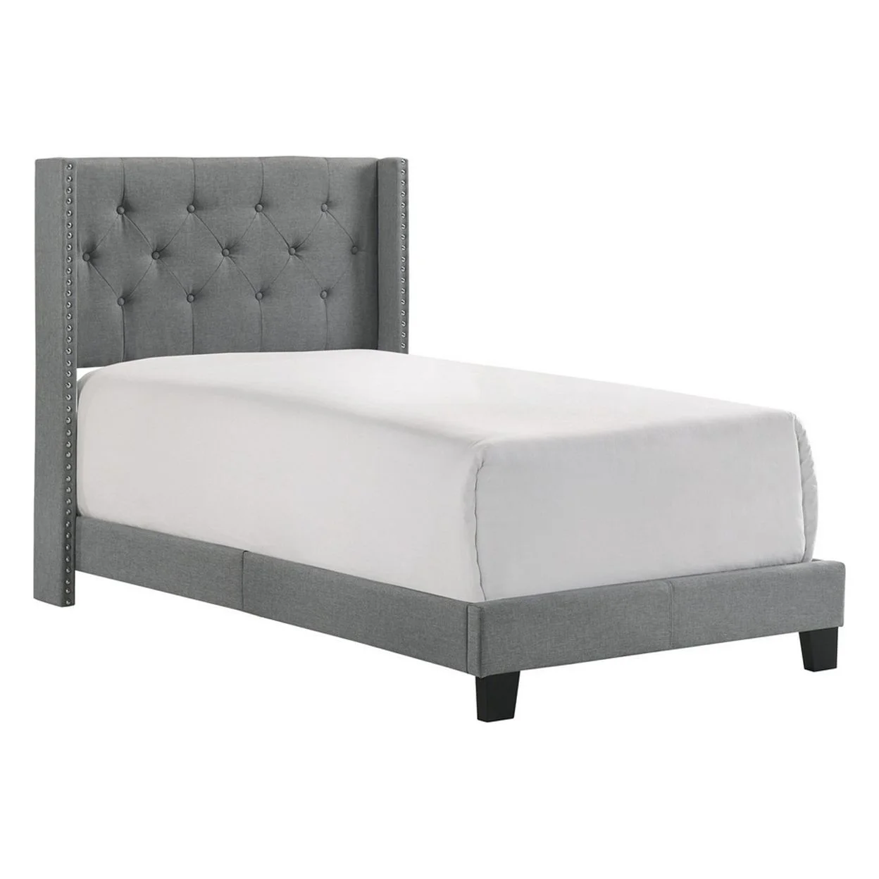 Lih Modern Wingback Twin Bed, Button Tufted Headboard, Nailhead Trim, Gray- Saltoro Sherpi