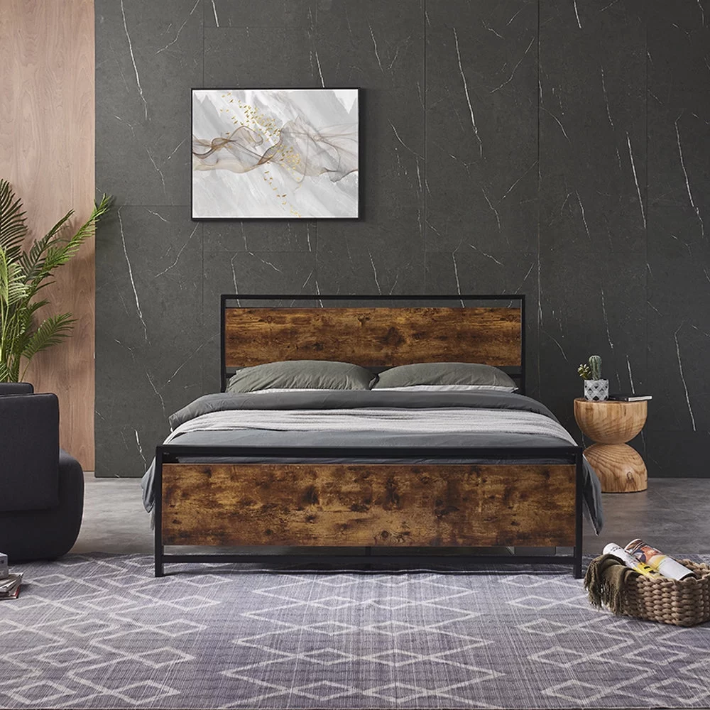 Inofia Queen Size Metal Platform Bed Frame with Wooden Headboard and Footboard, No Box Spring Needed, Large Under Bed Storage, Easy Assemble