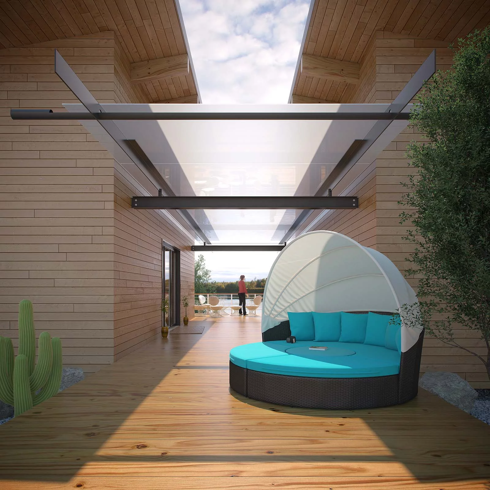 Modway Quest Canopy Outdoor Patio Daybed in Espresso Turquoise