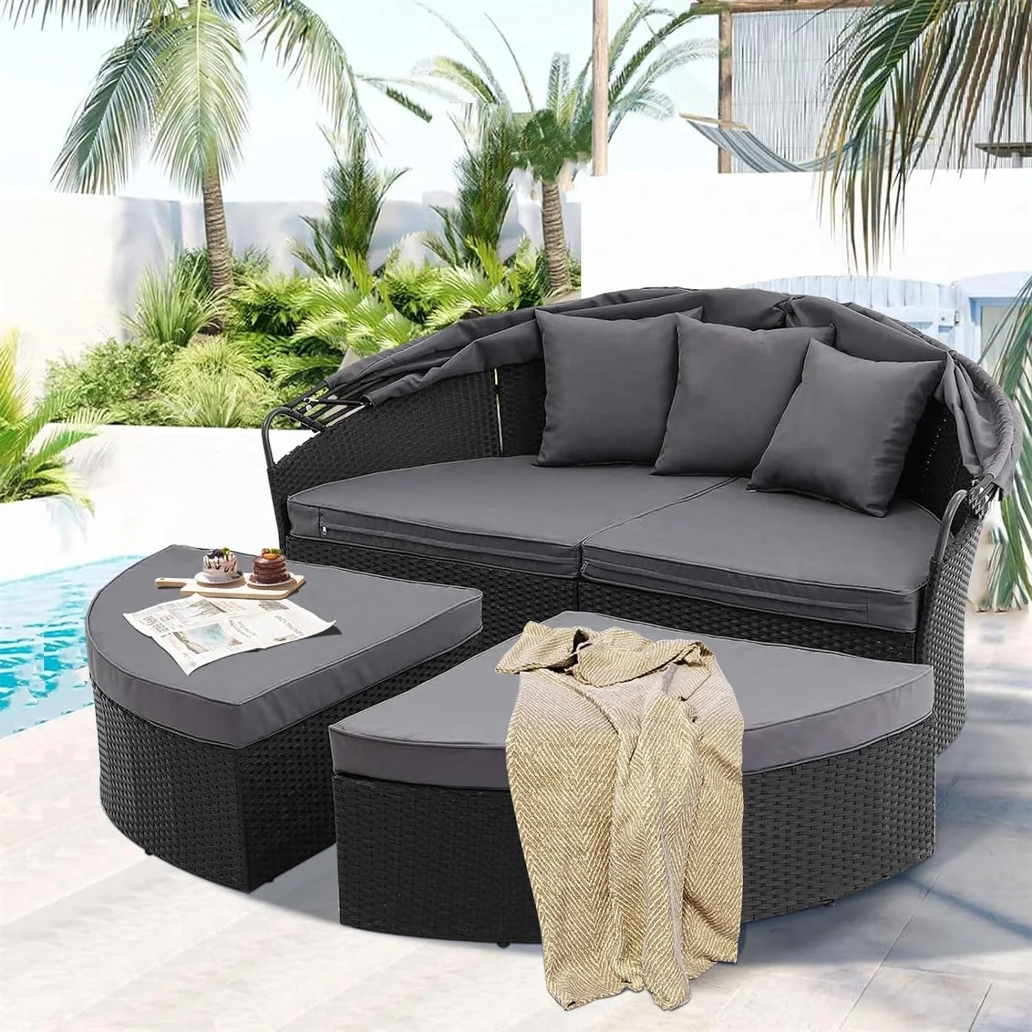 Havenside Home Nuon 4-piece Outdoor Black Wicker Patio Round Daybed Sectional Sofa Set with Retractable Canopy by