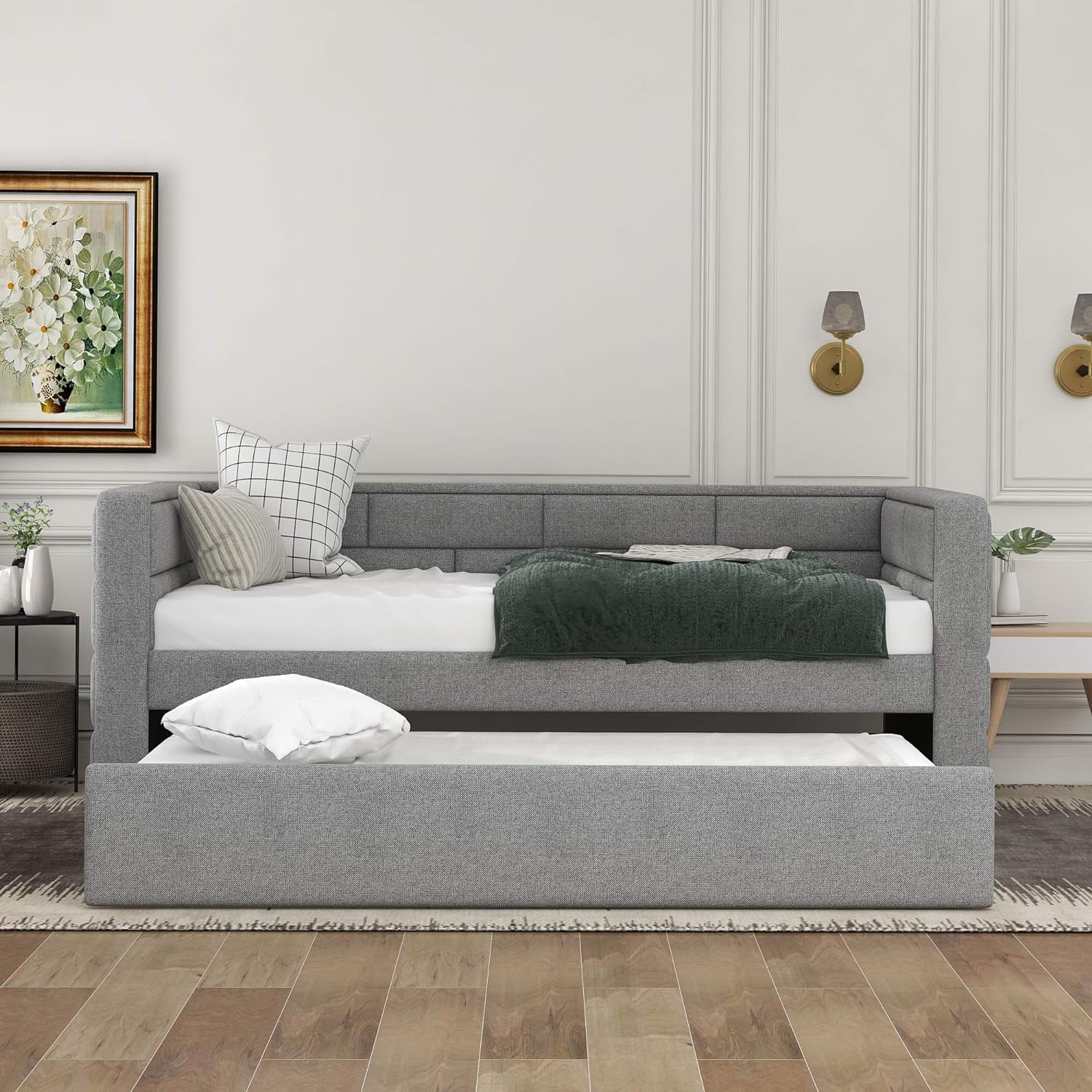 Size Upholstered Daybed With Trudle, Upholstered Daybed With Padded Back Ad Sides, Grey
